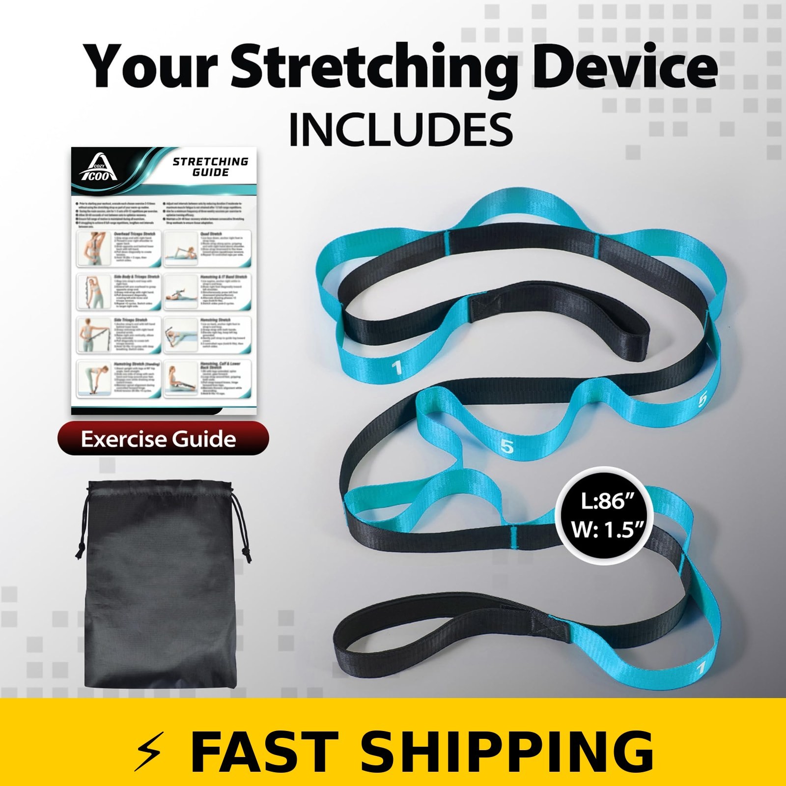 Acozycoo Stretching Strap with Loops for Yoga & Therapy – Blue