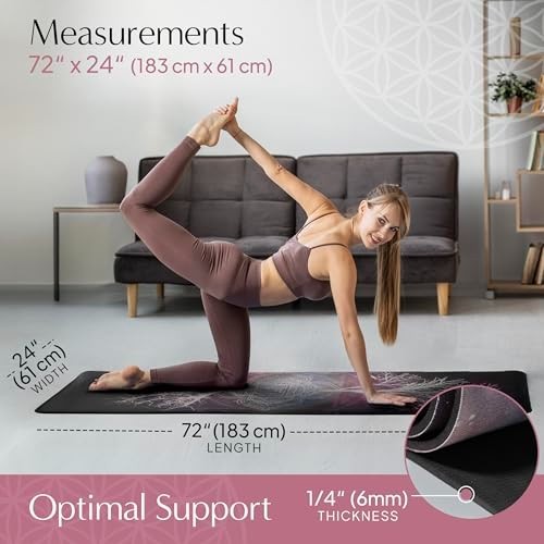 Yoga Mat Non Slip 72×24 Inch 6mm Thick Suede TPE Tree of Life Design with Strap