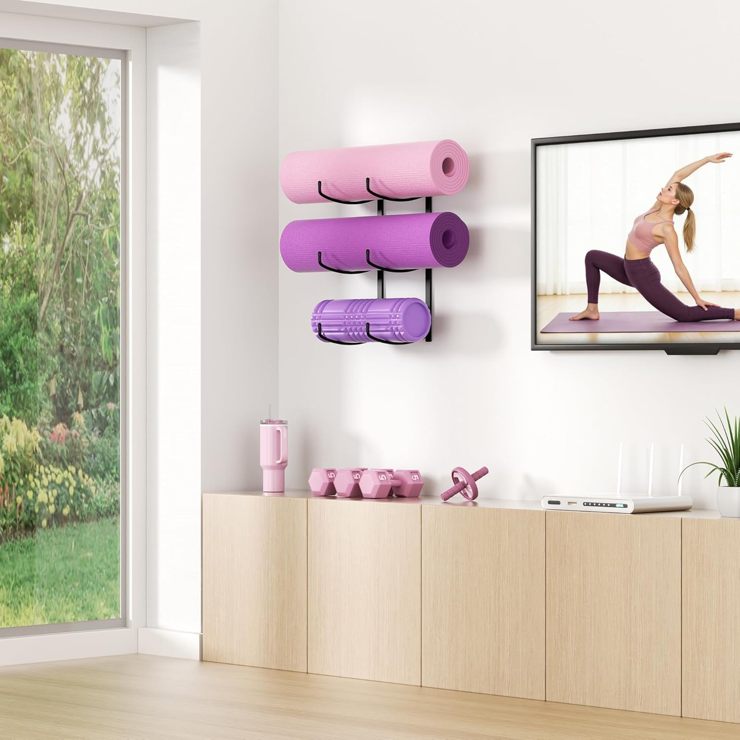 Yoga Mat Holder Wall Mount, 3-Tier Storage Rack for Yoga Mat, Foam Roller, Block