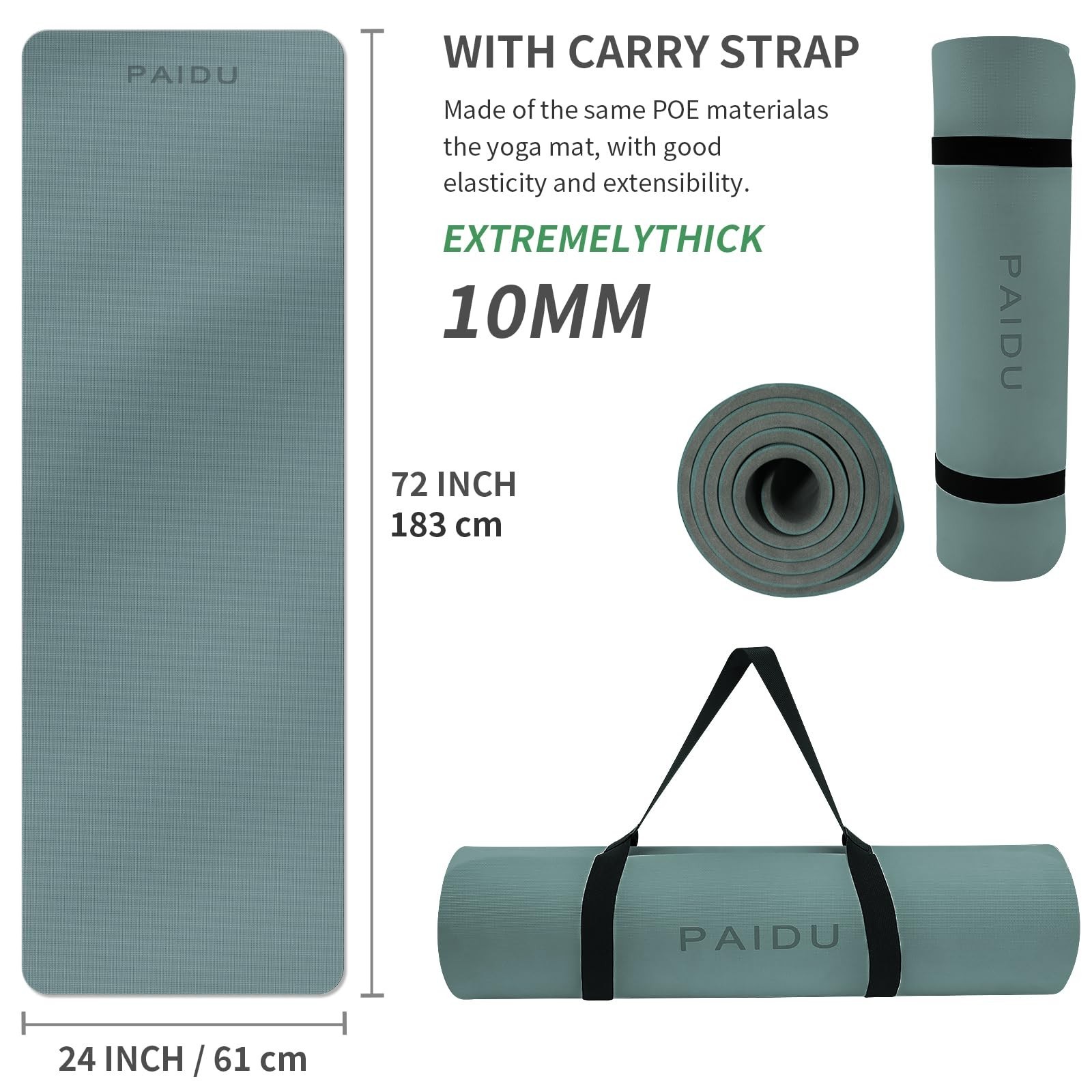 PAIDU Yoga Mat Non Slip Anti-tear,extra thick-2/5 inch（10MM）High R
