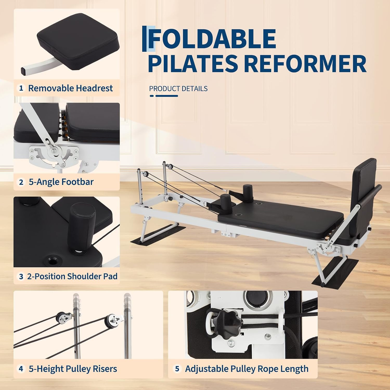 Foldable Pilates Reformer with Jump Board & Adjustable Resistance for Home Gym
