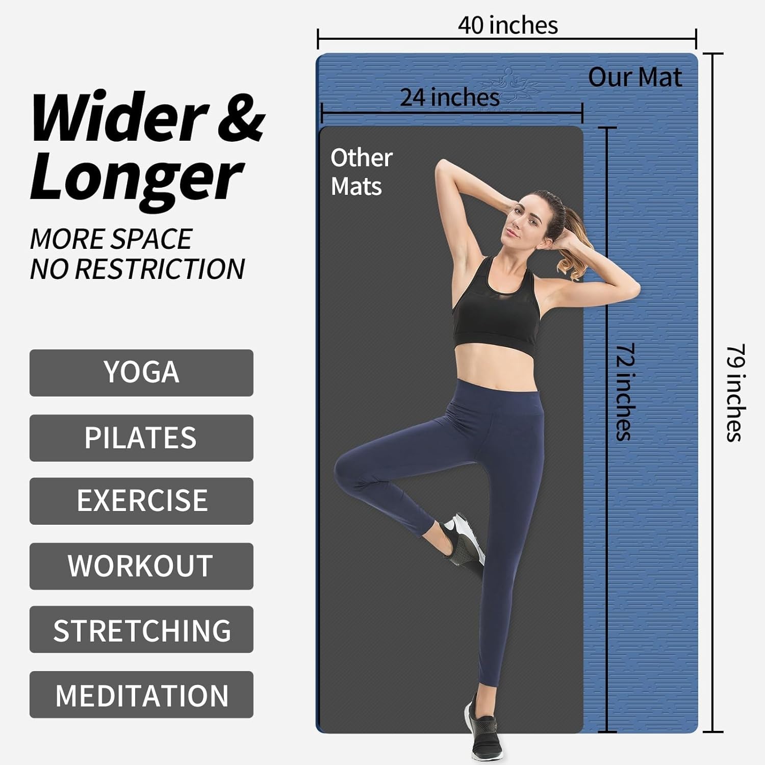 Extra Long TPE Yoga Mat 79&Prime;x40&Prime; 1/2&Prime; Thick Non-Slip Blue Home Gym Pilates