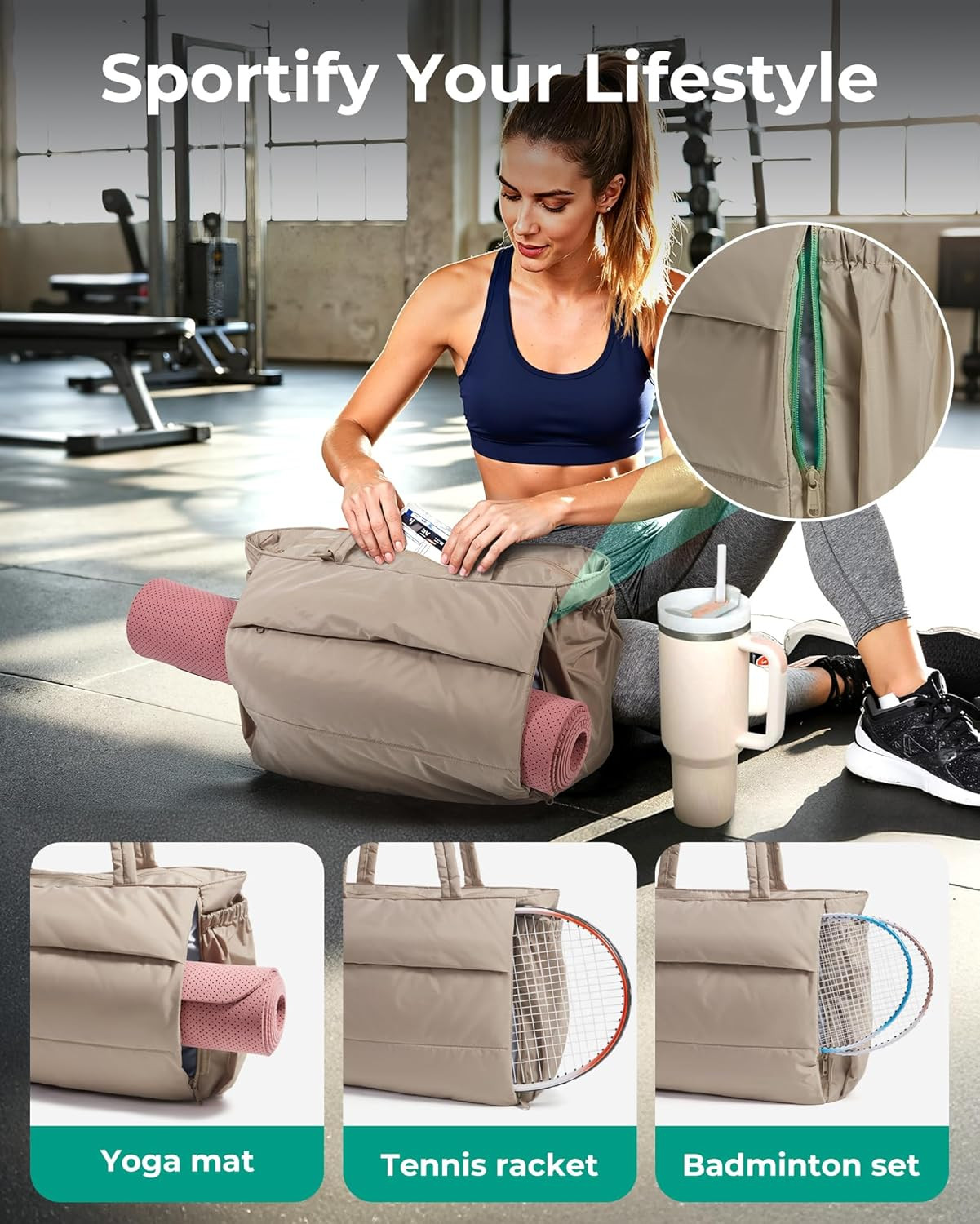 Yoga Mat Bag for Women, 22L Puffer Pilates Bag for 40Oz Tumbler, Gym Bag for Yog
