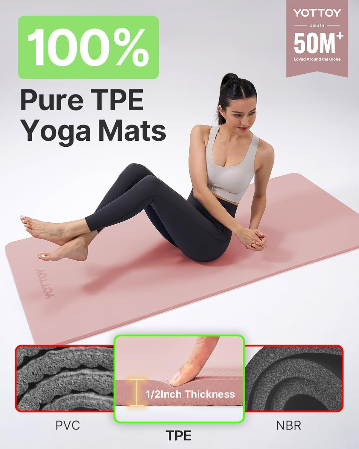 YOTTOY Yoga Mat，Extra Thick Yoga Mat (1/2Inch),Professional TPE Exercise Mat,Non