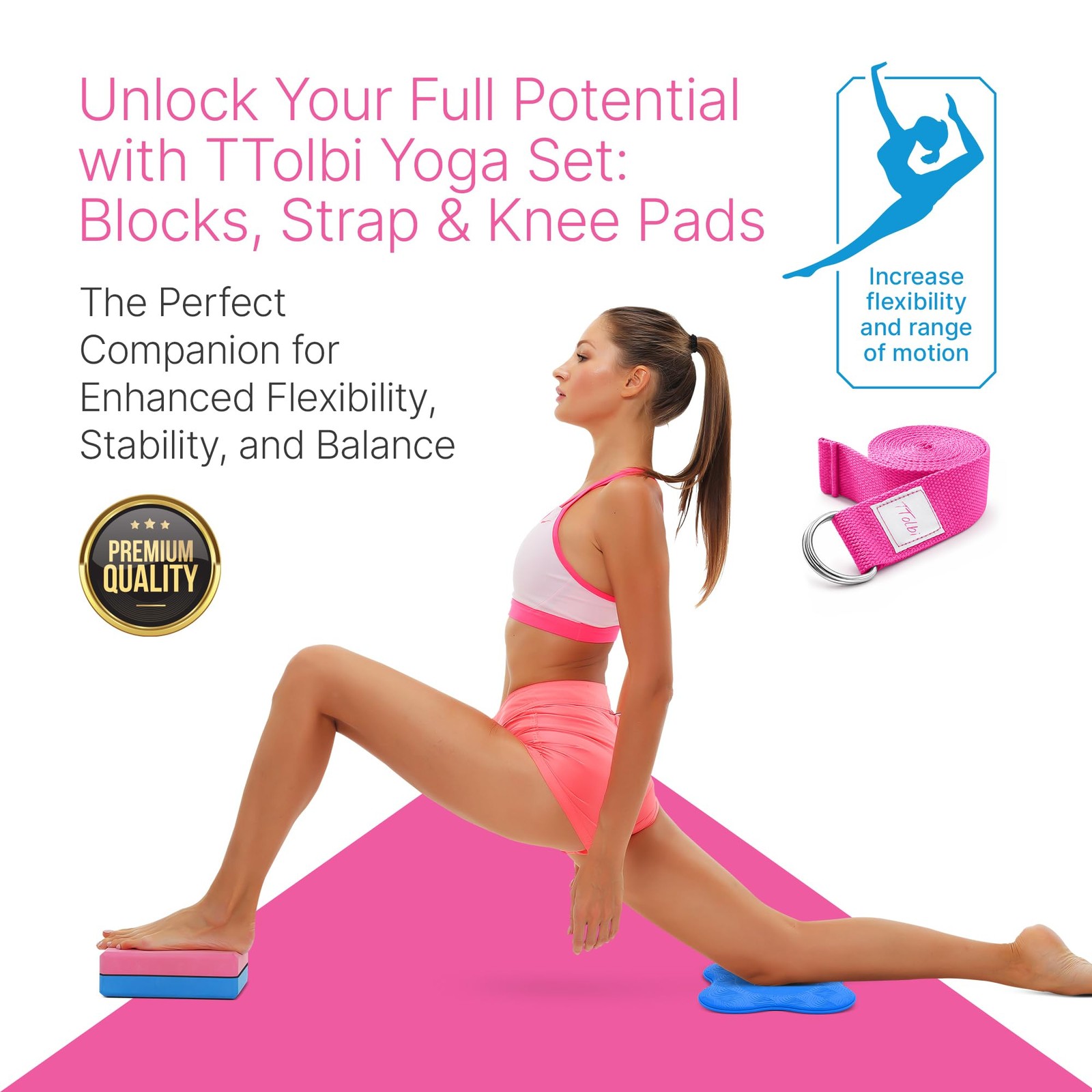 Yoga Starter Kit – Yoga Blocks 2 Pack, Strap & 2 Knee Pad Cushions