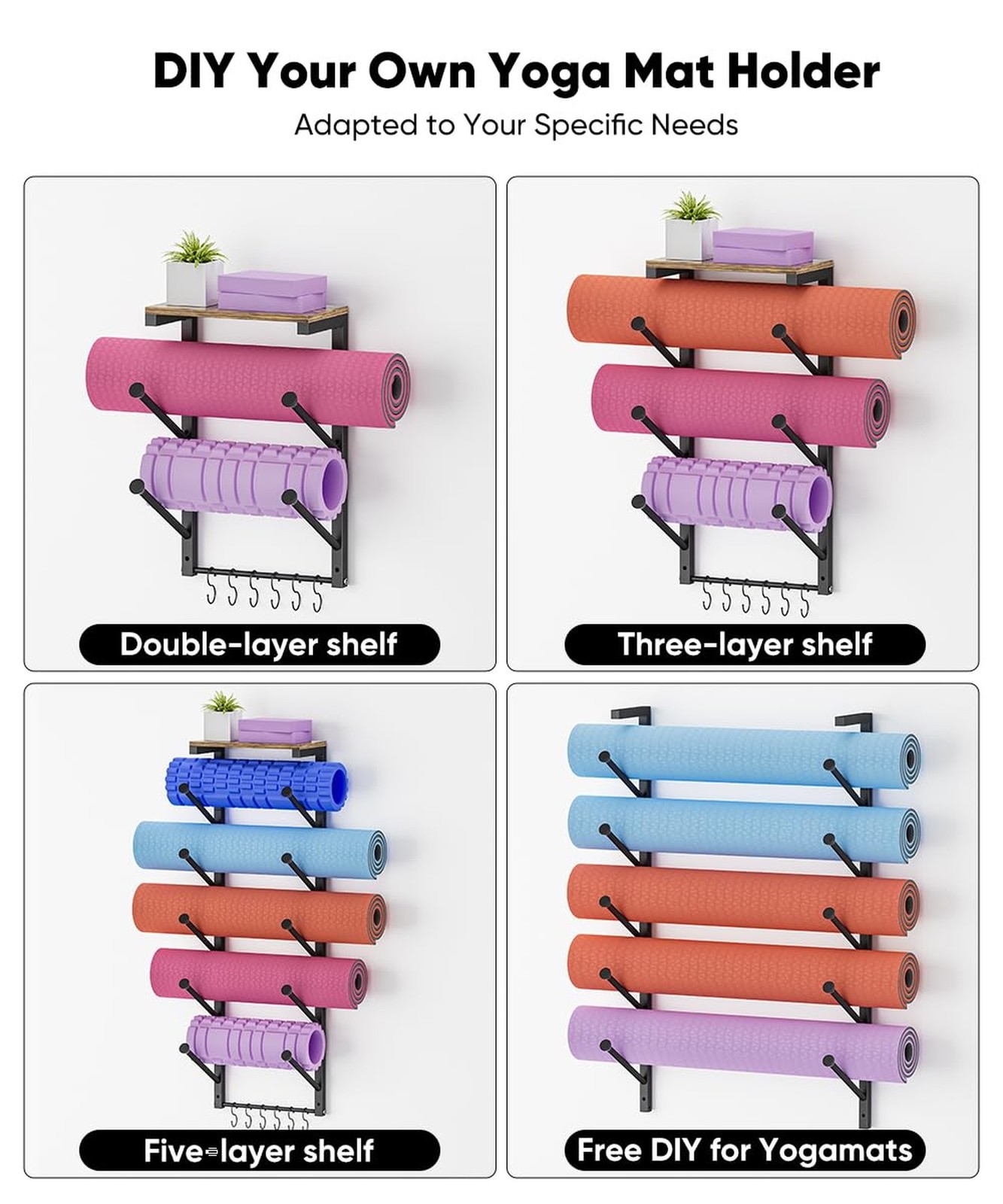 5 Tiers Yoga Mat Holder Rack Wall Mount with 6 Hooks for Hanging Accessory Yo…