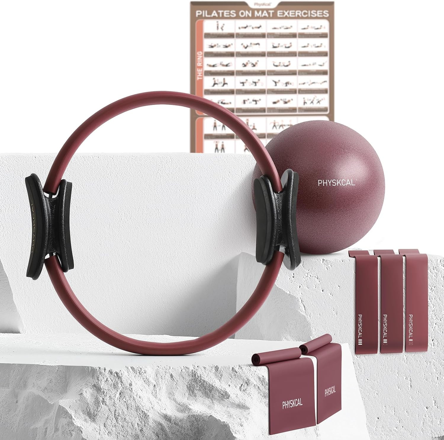 Physkcal Pilates Kit, 15-Inch Pilates Ring with 1X Core Ball, 3X Resistant Loops