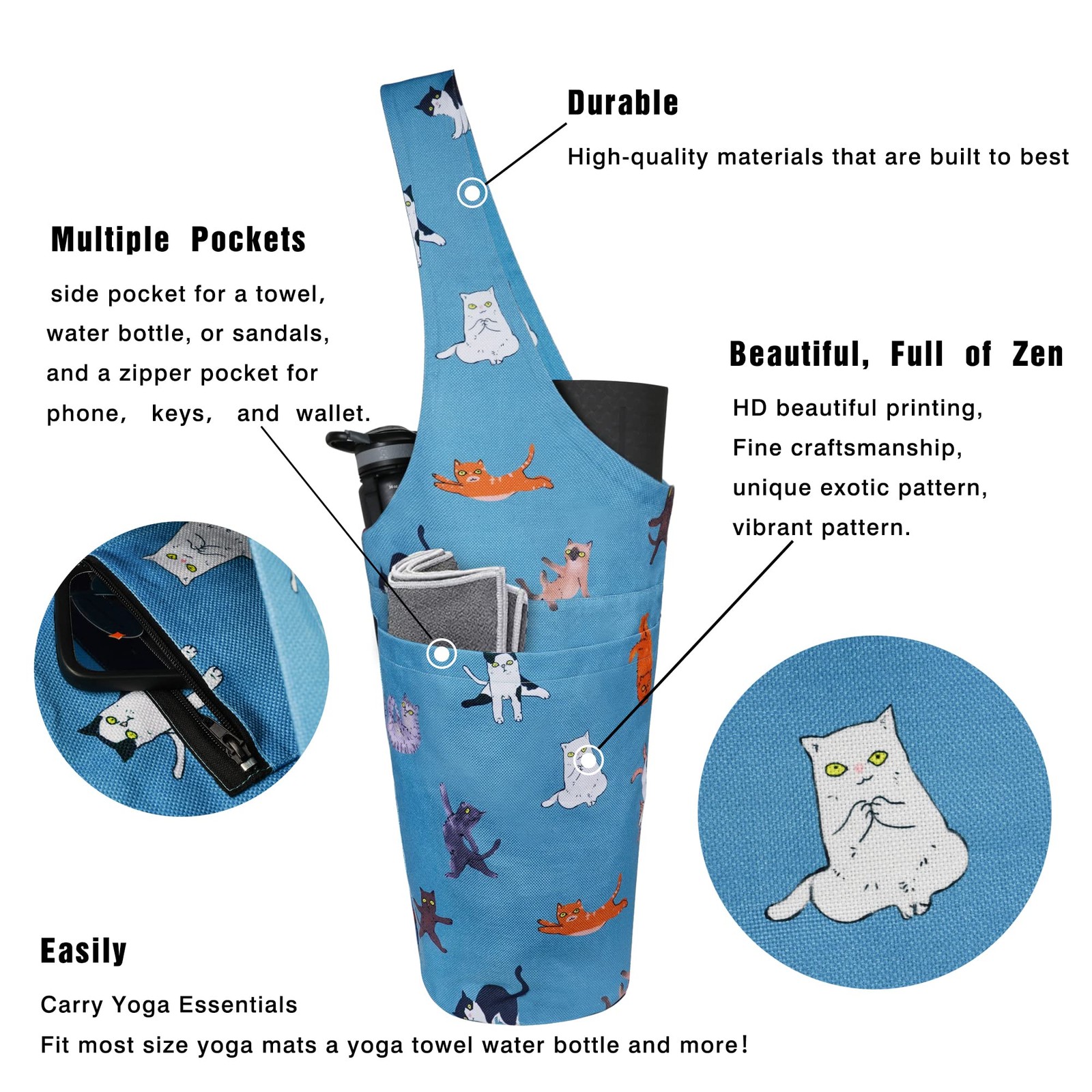 Yoga Bag Cat Yoga Pose Mat Carrier with Large & Zipper Pockets, Fits…
