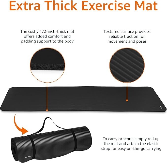 Amazon Basics 1/2 Inch Extra Thick Exercise Yoga Mat with Carrying Strap Visit t