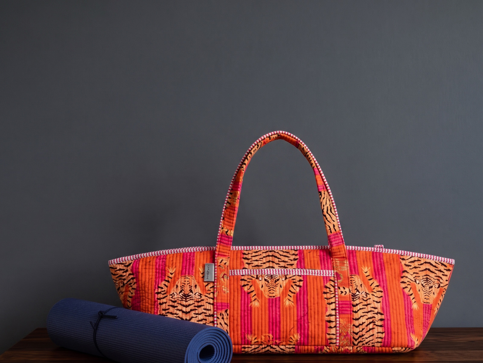 Orange Quilted Tiger Print Yoga Mat Bag: Indian Handmade 100% Cotton Tote Bag US