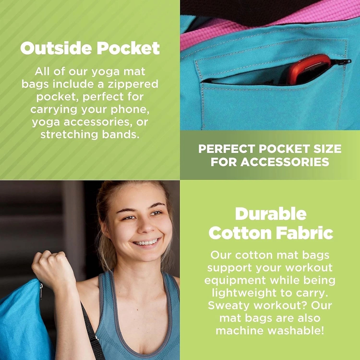 Organic Cotton Yoga Mat Bag – XL Breathable, Zippered Pocket, 30&Prime; Strap