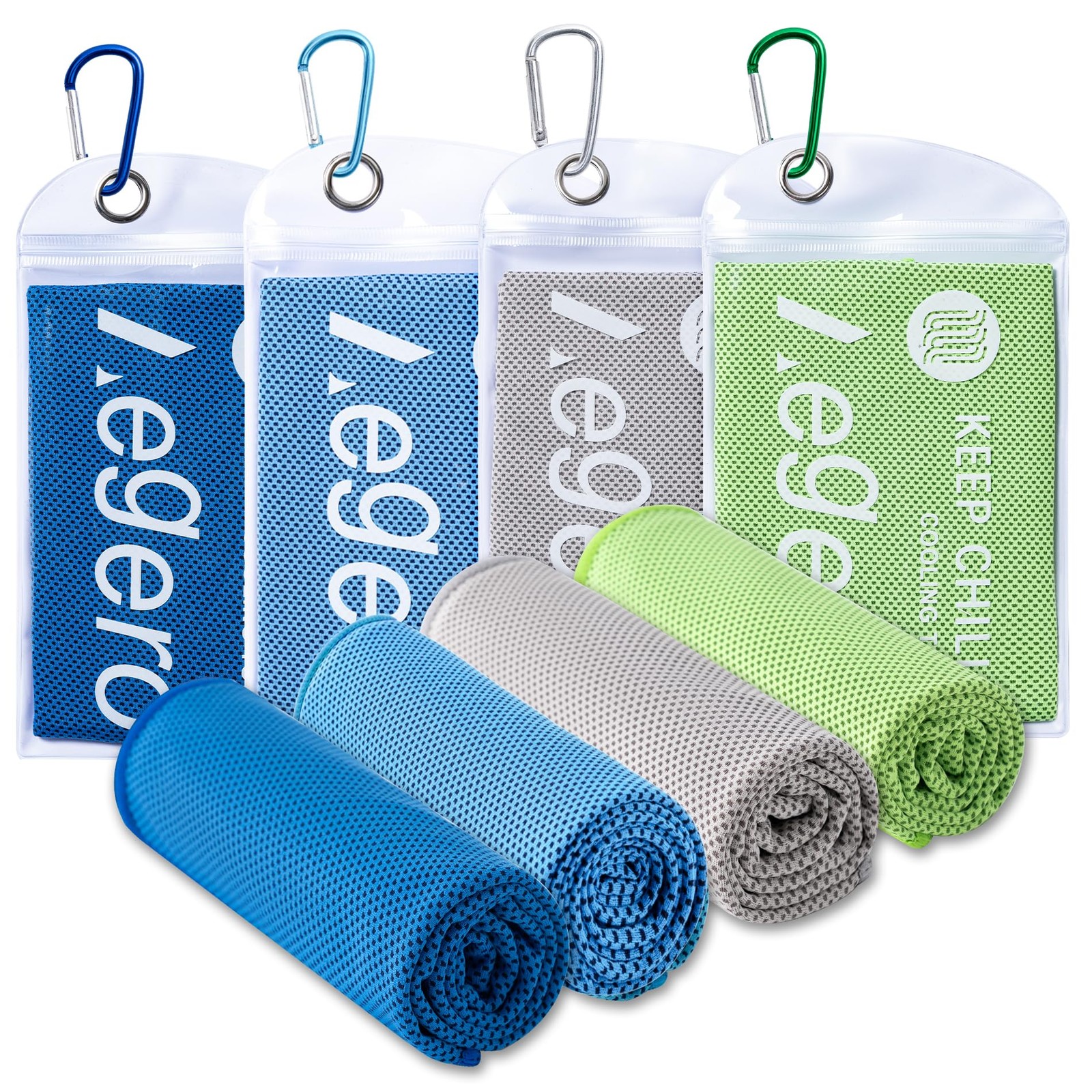 Aegero 4 Pack Cooling Towel 40&Prime; x 12&Prime;, Light Blue/Green/Deep Blue/Grey