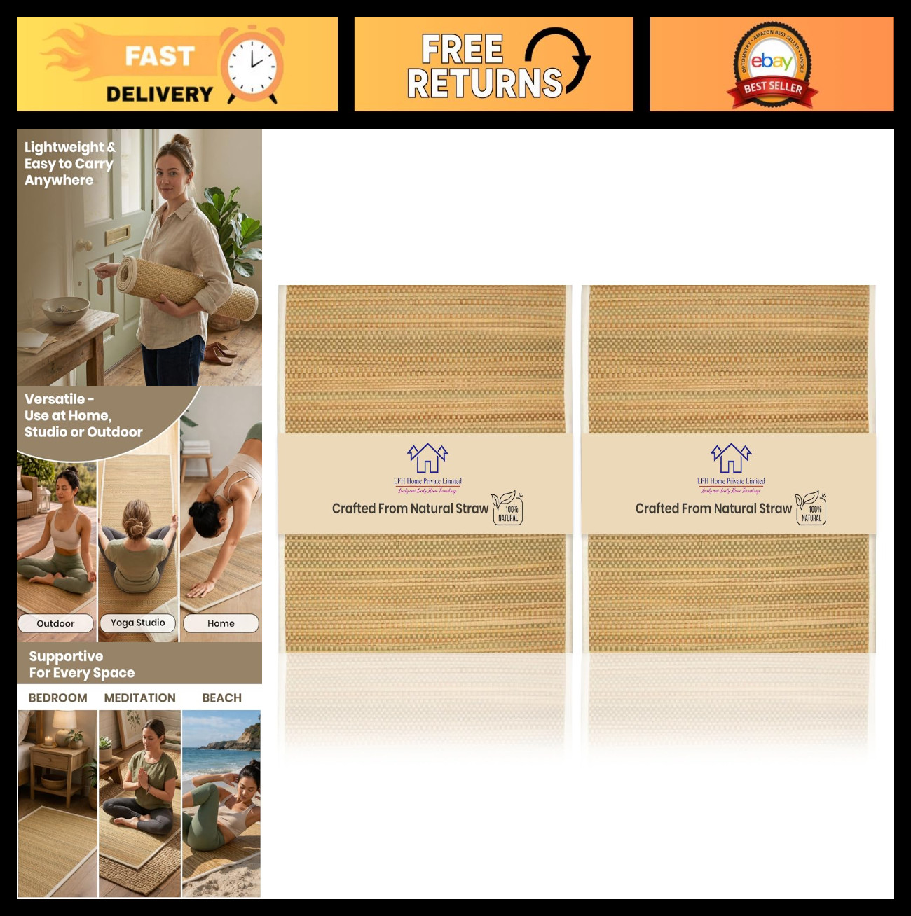 Handmade Eco-Friendly Straw Yoga Mat – Reversible, Heavy Quality, 72×24 Inch for