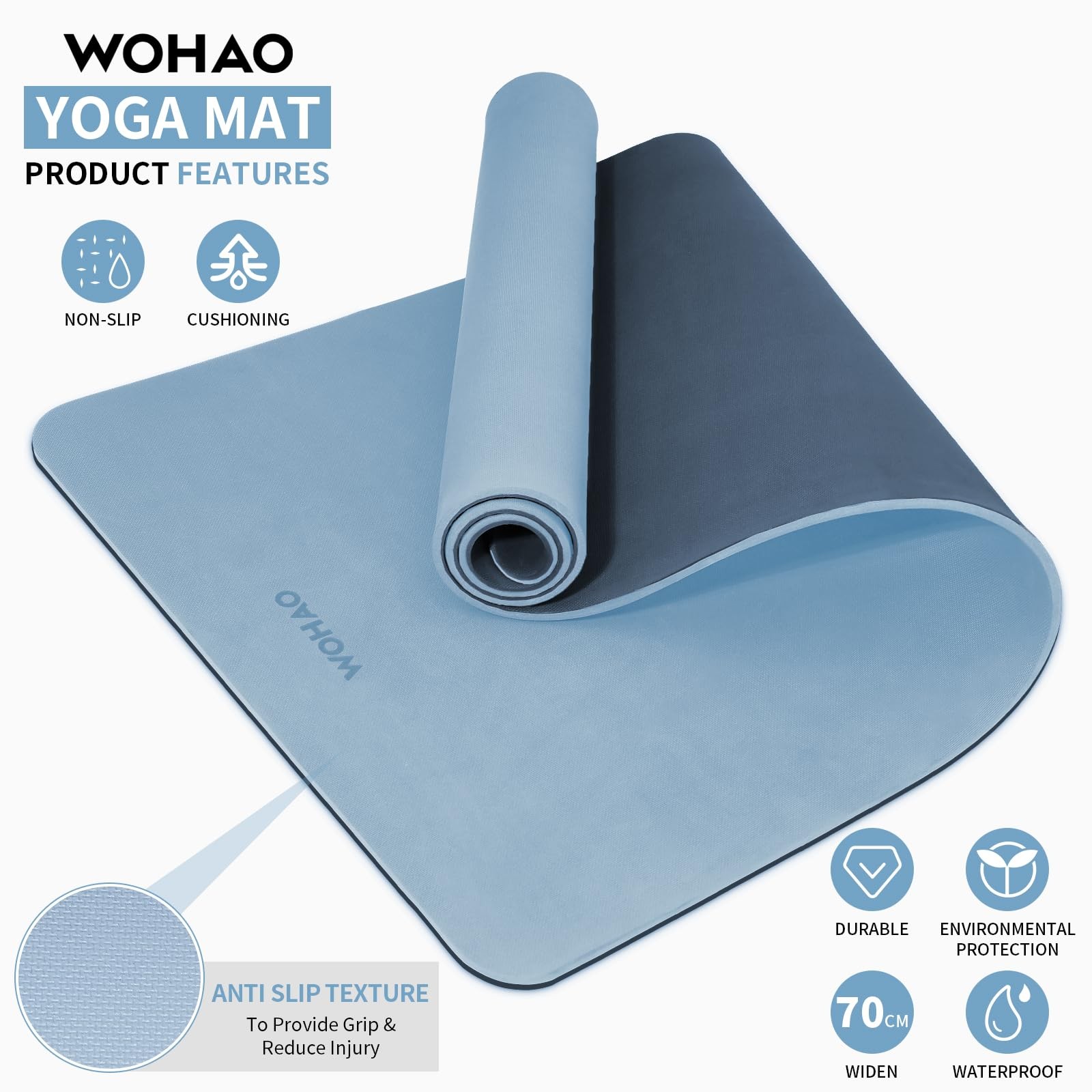 WOHAO Extra Thick 8mm Yoga Mat, 72&Prime;x28&Prime; Non 183*70*0.8cm, Blue-gray+Navy blue