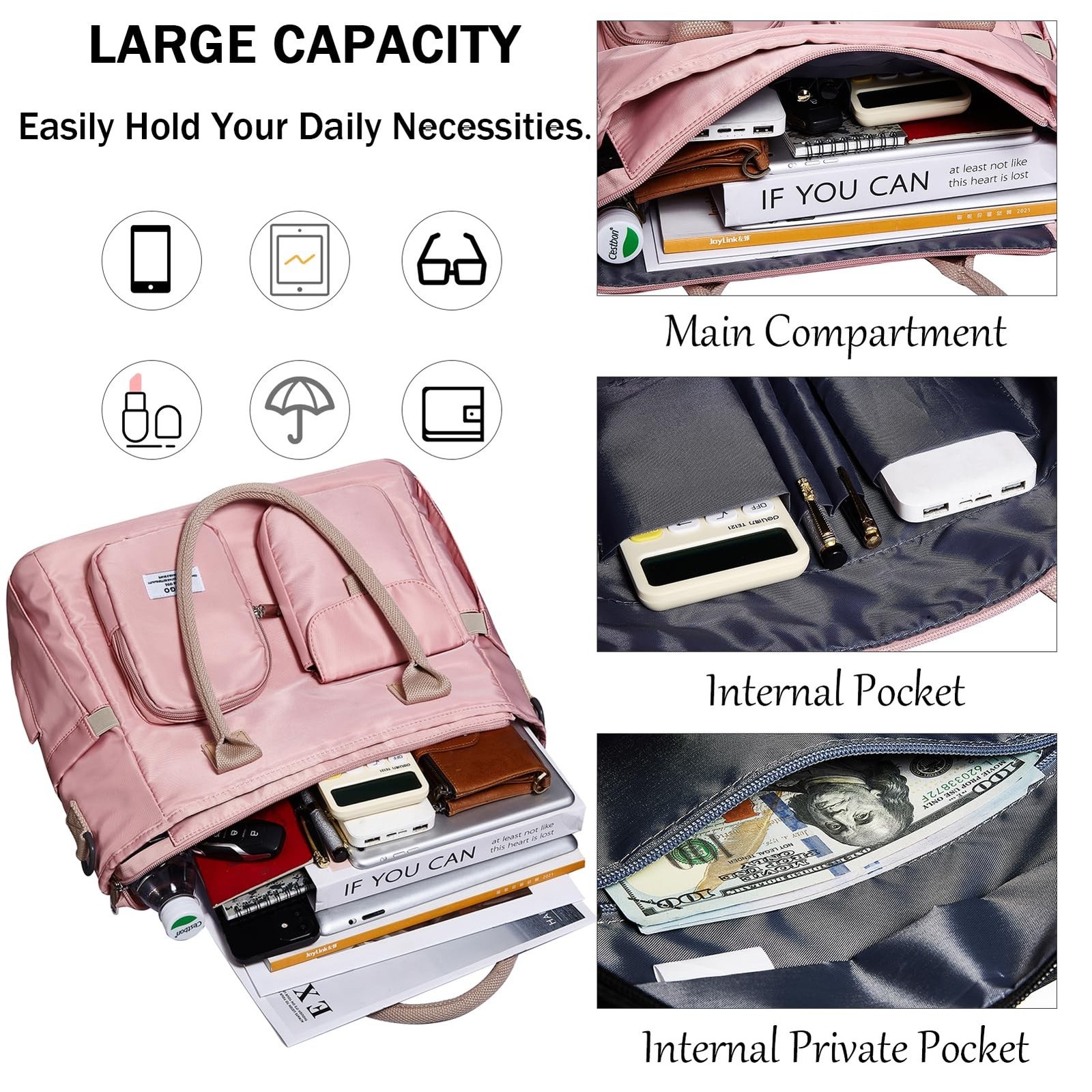 Large Utility Tote Bag with Multi-pockets and Compartment for Travel & Work