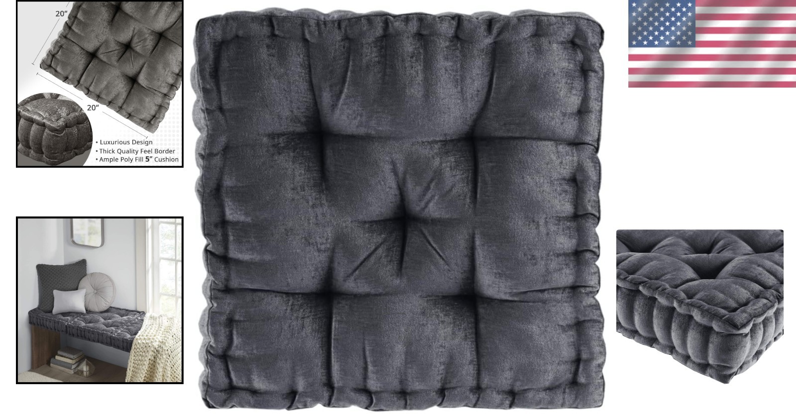 Chenille Tufted Sitting Cushion – Scalloped Edges, Charcoal