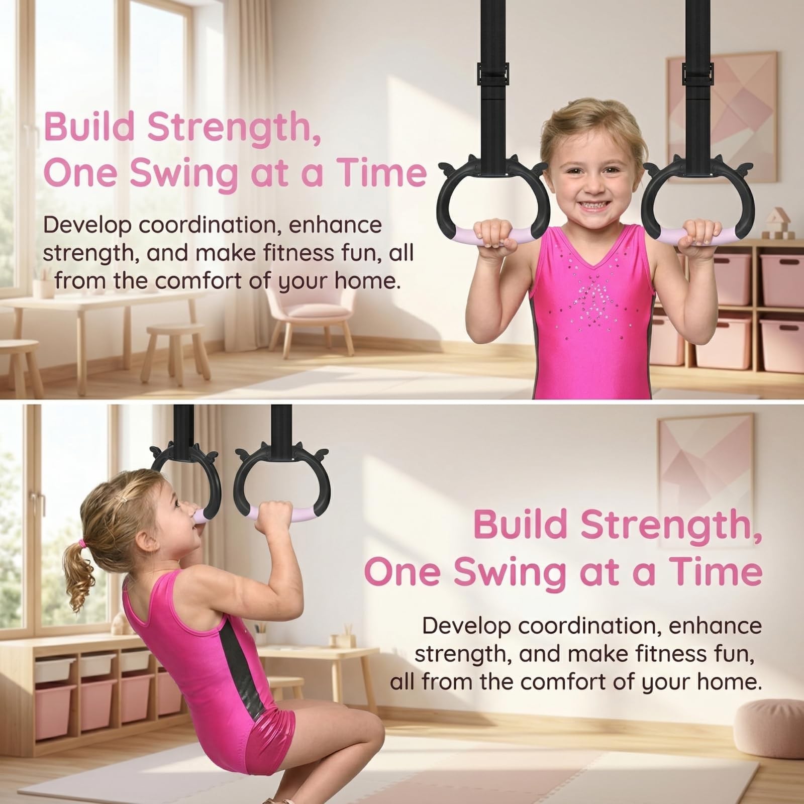 GDLPZM Gymnastics Rings, Home Gym Equipment, Adjustable Strap Strength pink