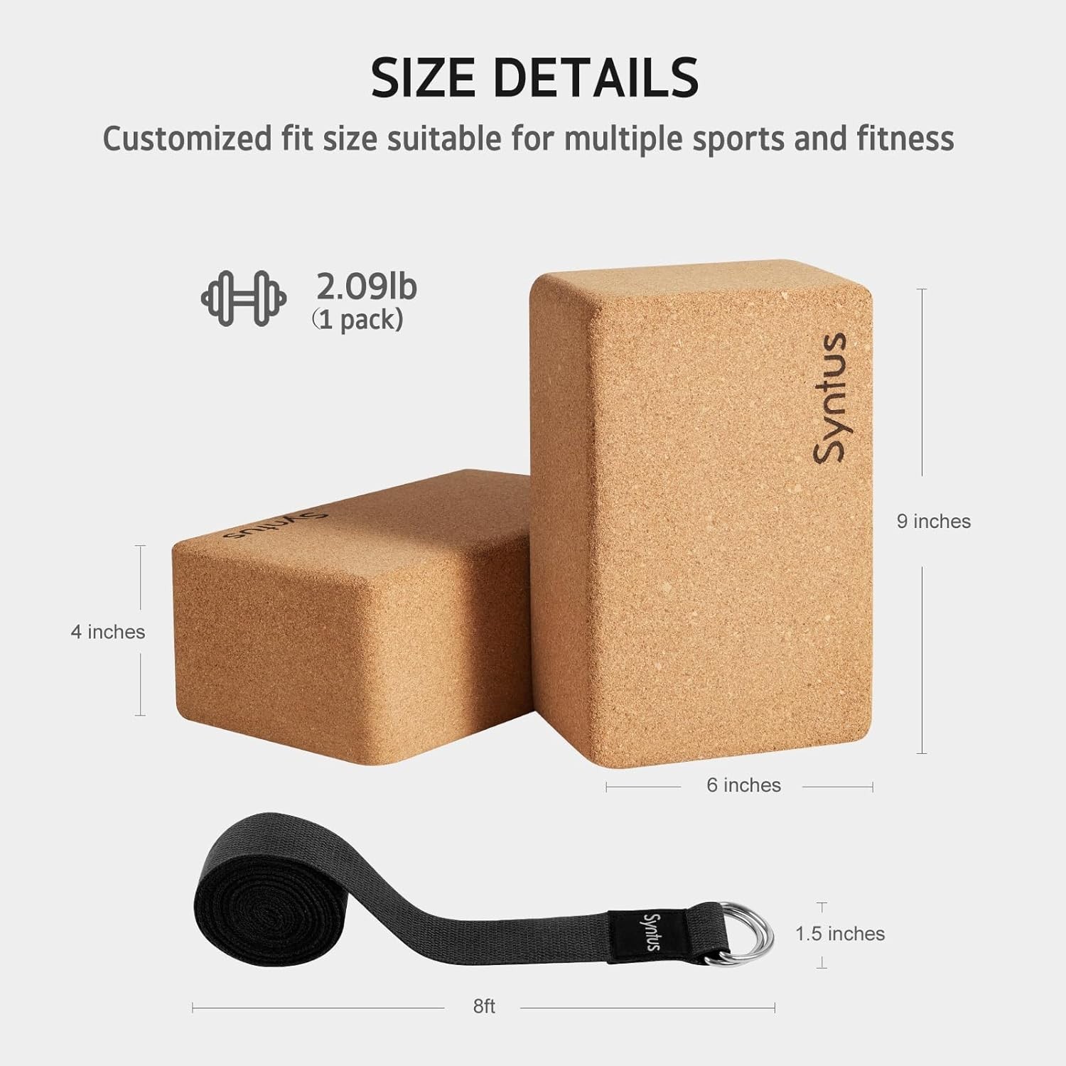 Yoga Block and Strap Set: 2 Non-Slip Cork Blocks & 8FT D-Ring Strap for Stabi…