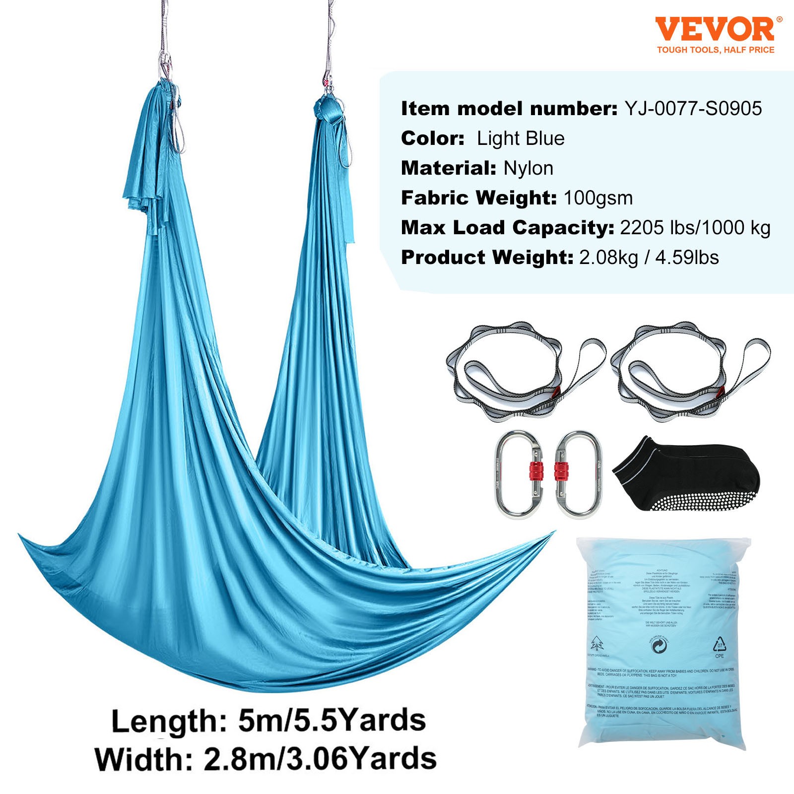 VEVOR Yoga Swing Aerial Hammock 5.5 Yards Nylon Hanging Sling Inversion Blue