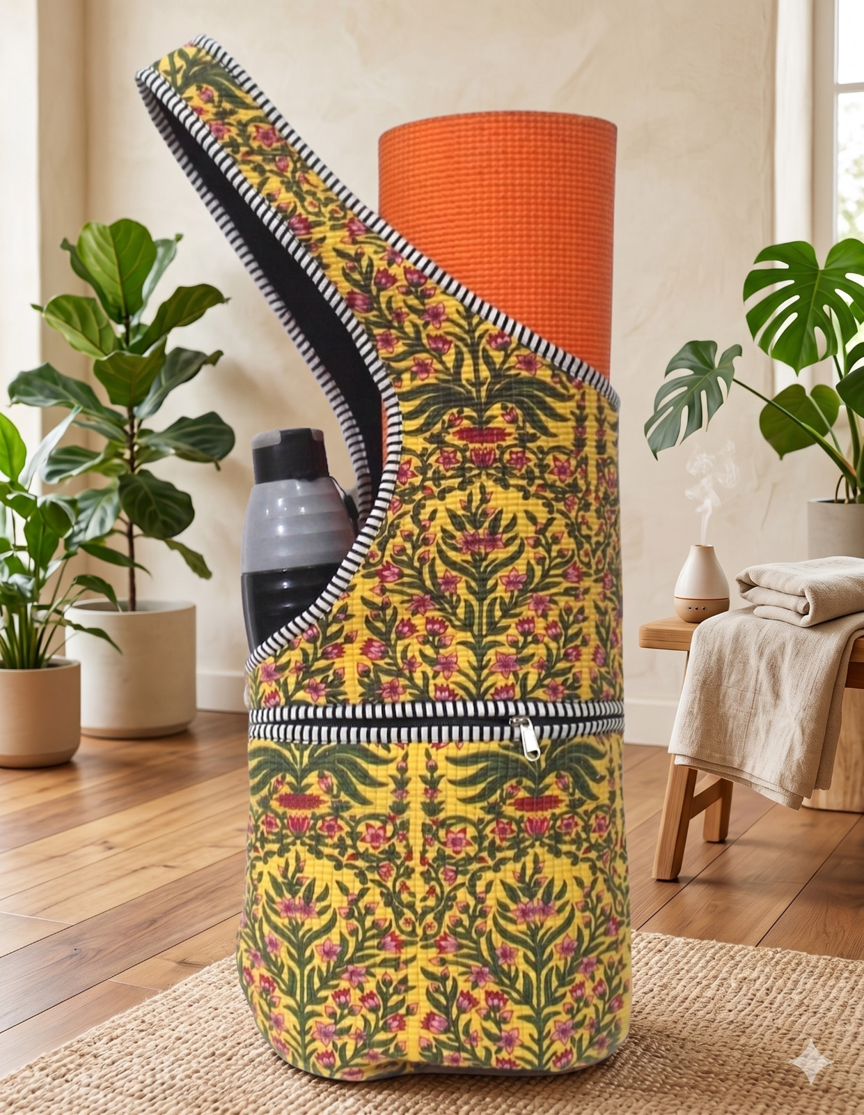 Indian Quilted Yoga Mat Carrier Boho Floral Block Print Multi-Functional Gym Bag