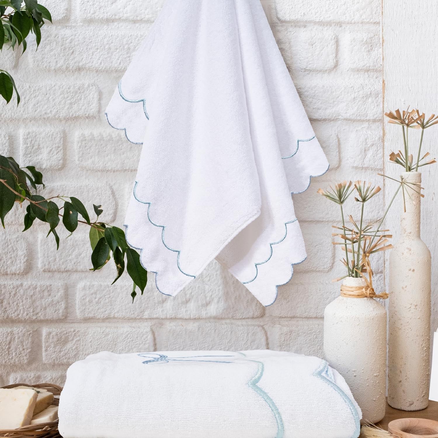 Casyune 100 Cotton Scalloped Hand Towels 600 Gsm Embroidered Soft Absorbent