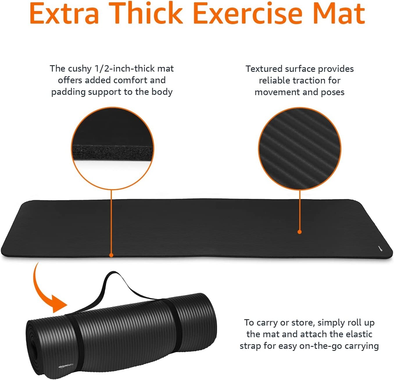 AMAZON BASICS 1/2&Prime; THICK EXERCISE YOGA MAT W/ CARRYING STRAP BLACK NEW!!!