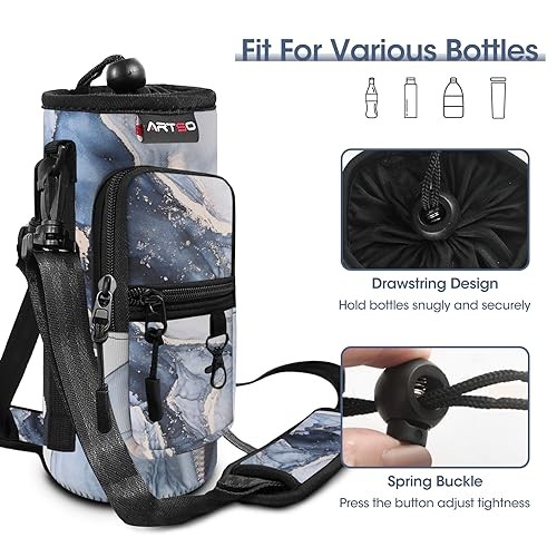 Water Bottle Carrier Bag Sling Holder Pouch 32oz 25oz Gilt Dark Blue Marble