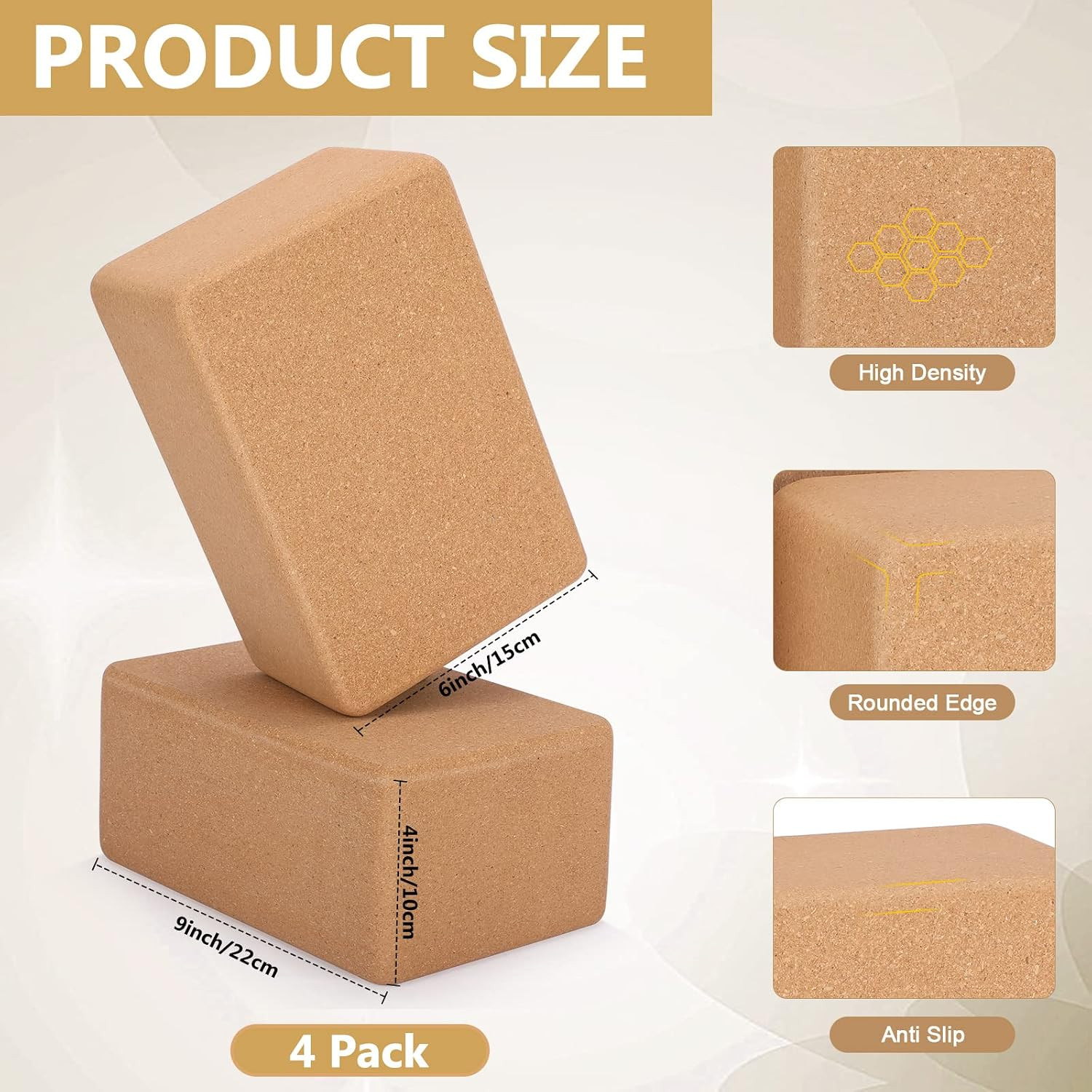 Leitee 4 Pcs Cork Yoga Blocks 9 X 6 X 4 Inch Cork Yoga Brick Non Slip Supportive