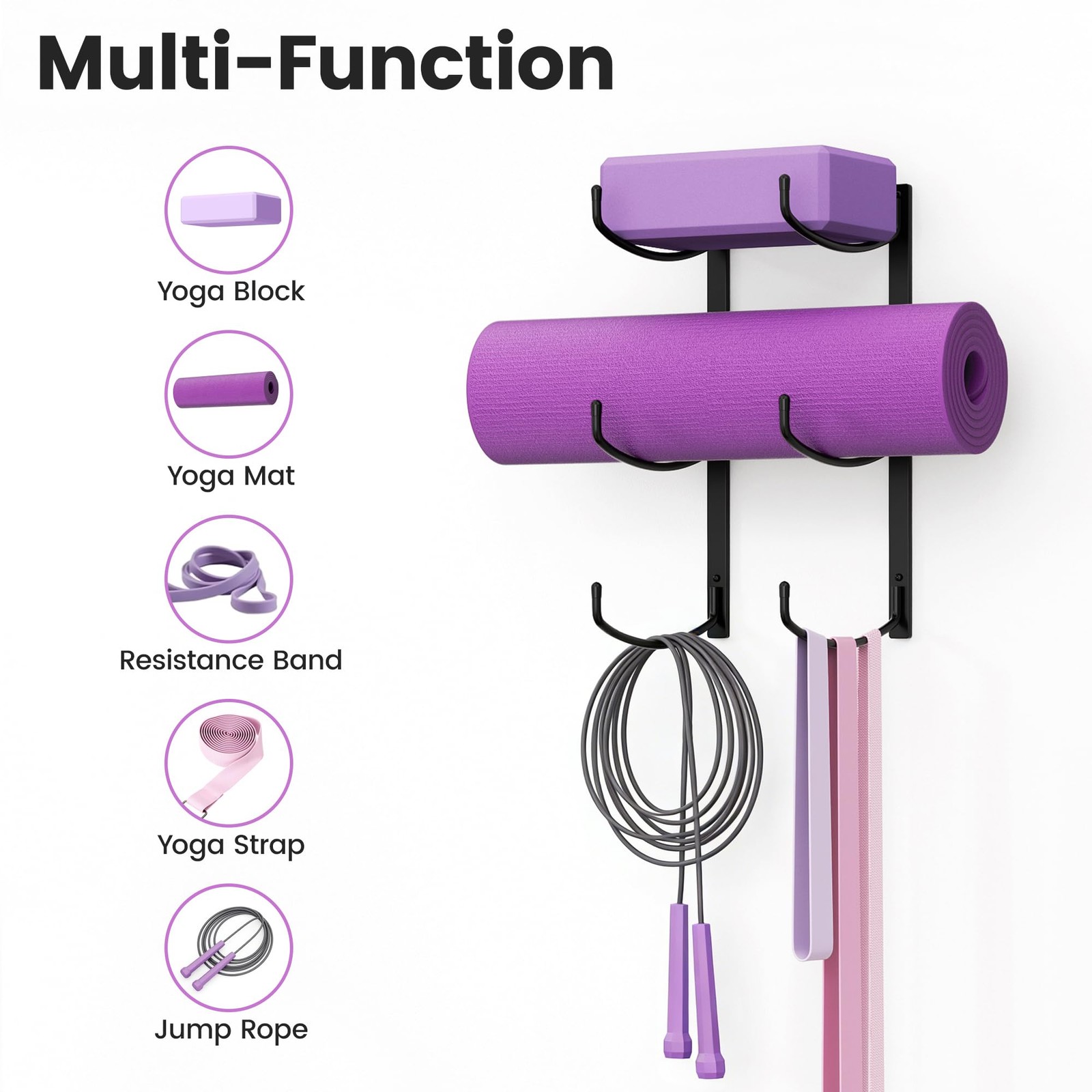Yoga Mat Holder Wall Mount, 3-Tier Storage Rack for Yoga Mat, Foam Roller, Bl…