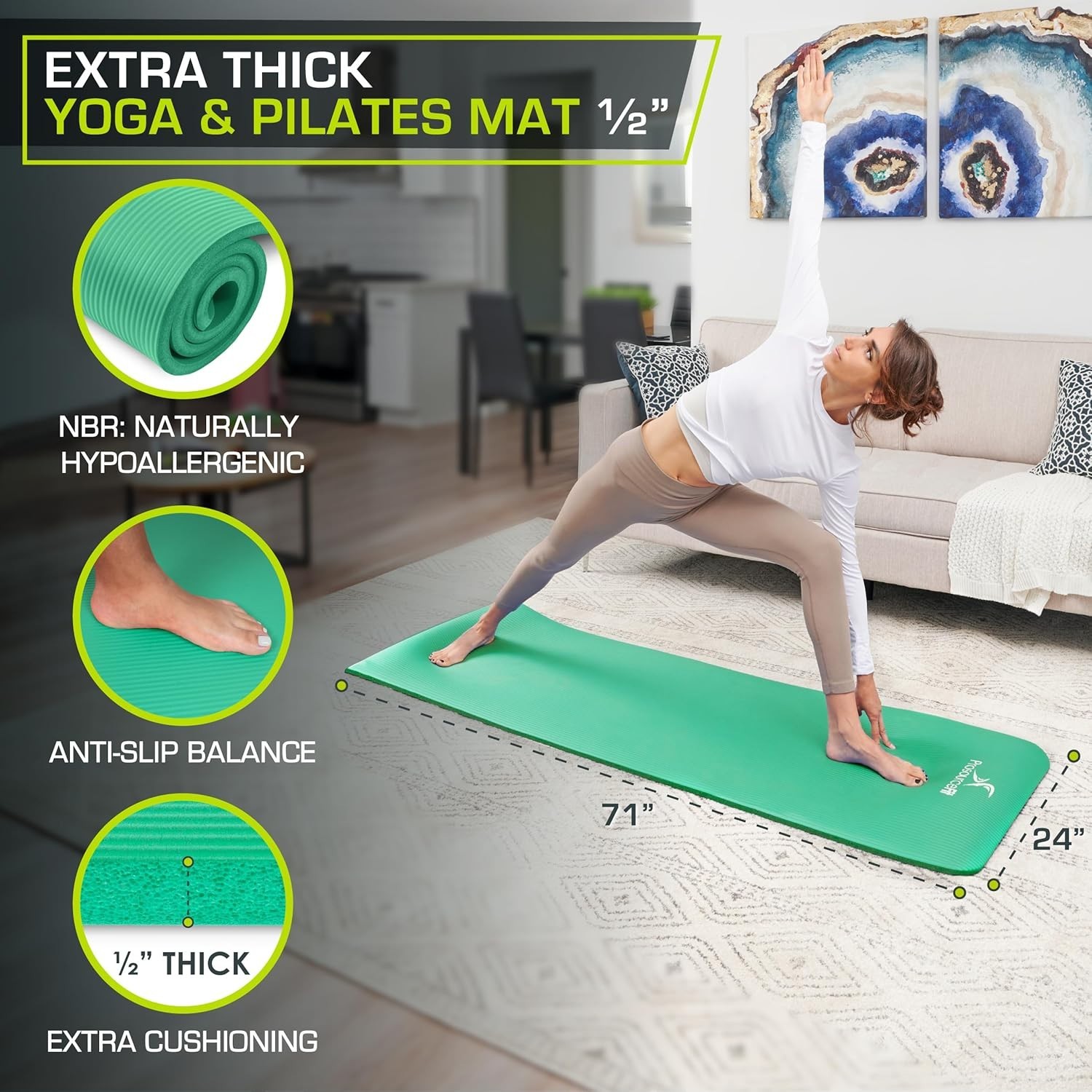 Comfort Foam Yoga Mat ½” Thick, 71-Inch Length – Water-Resistant & Durable