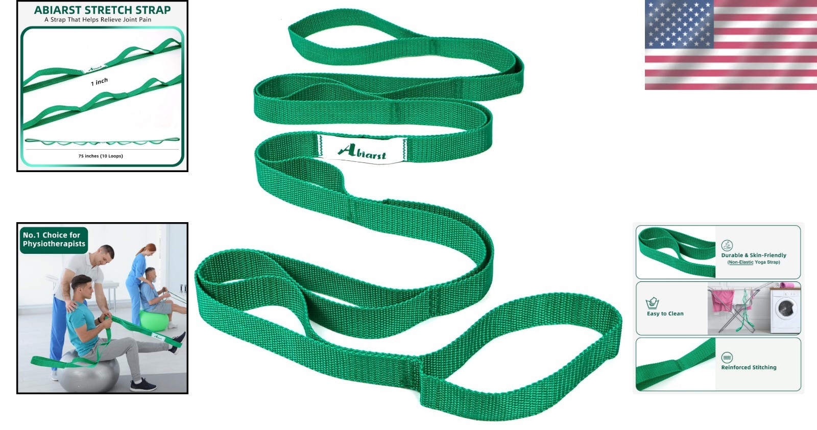 Non-Elastic Yoga Strap with 10 Loops for Pilates and Daily Stretching, Green