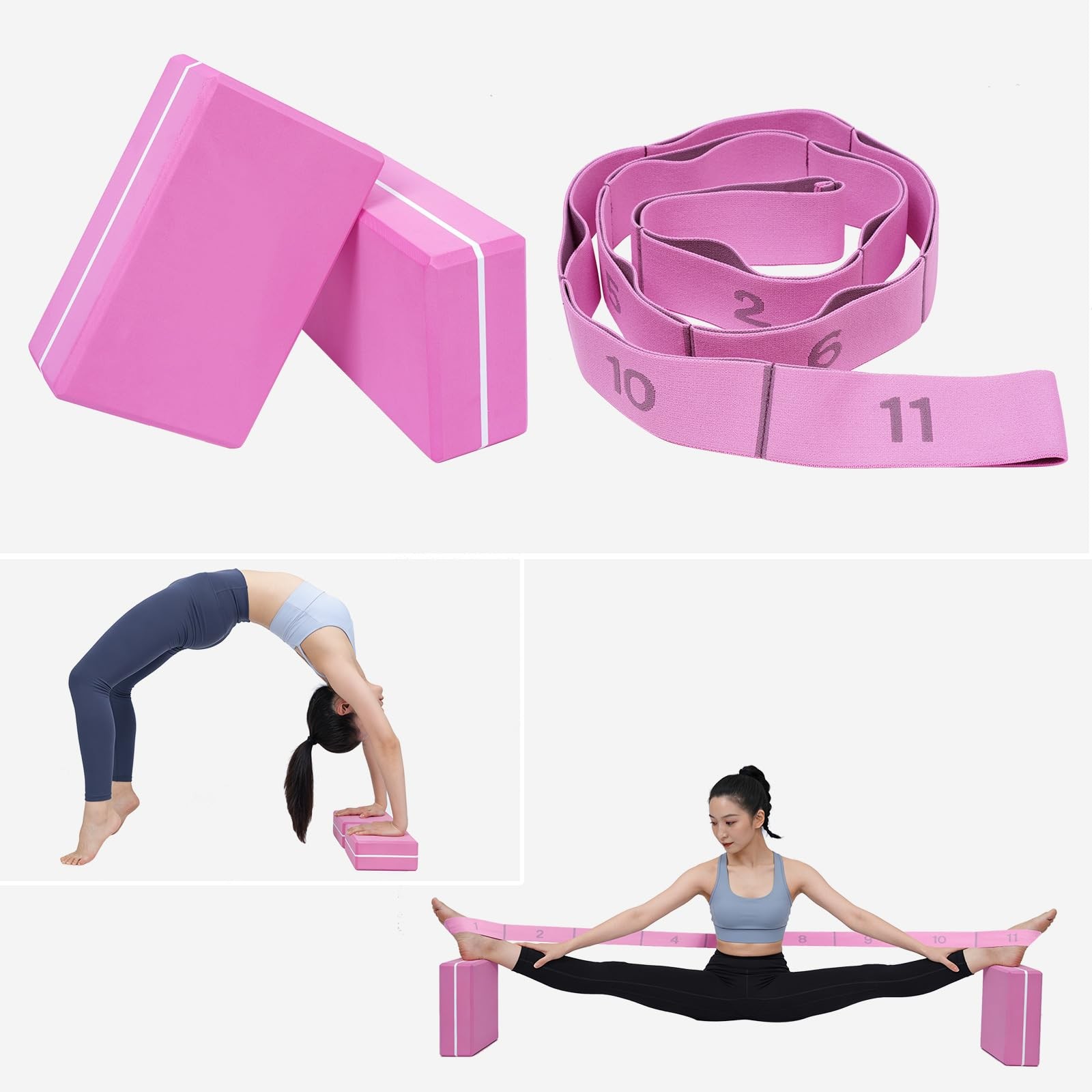 Yoga Blocks 2 Pack with Stretch Strap & Bag – High Density EVA Foam Yoga Bloc…