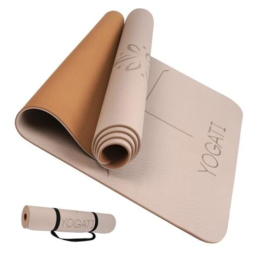 Yoga Mat with Strap with Alignment Lines. Home Workout Mat for Women, Brown