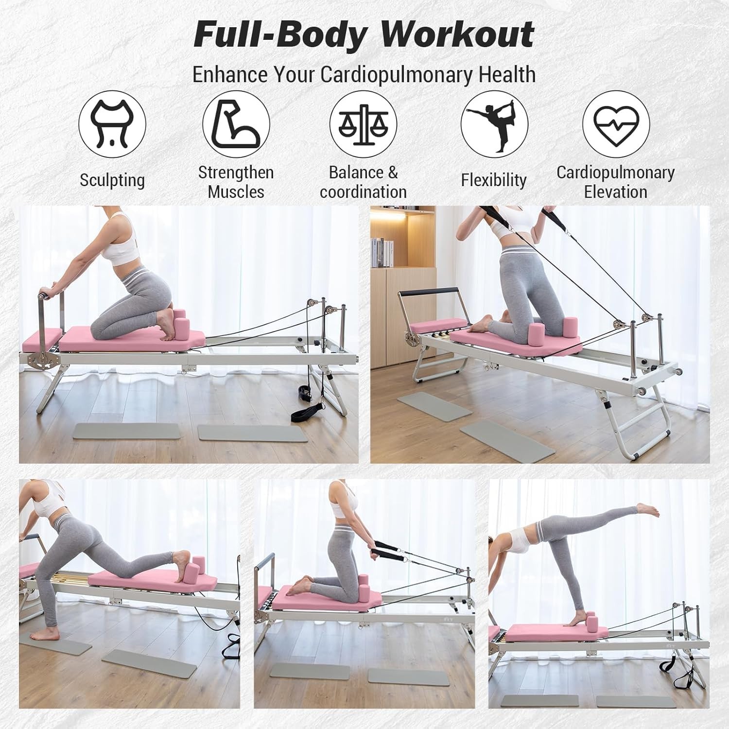Foldable Pilates Reformer Home Gym Machine with Foot Pedal 5 Ropes Up to 300 lb