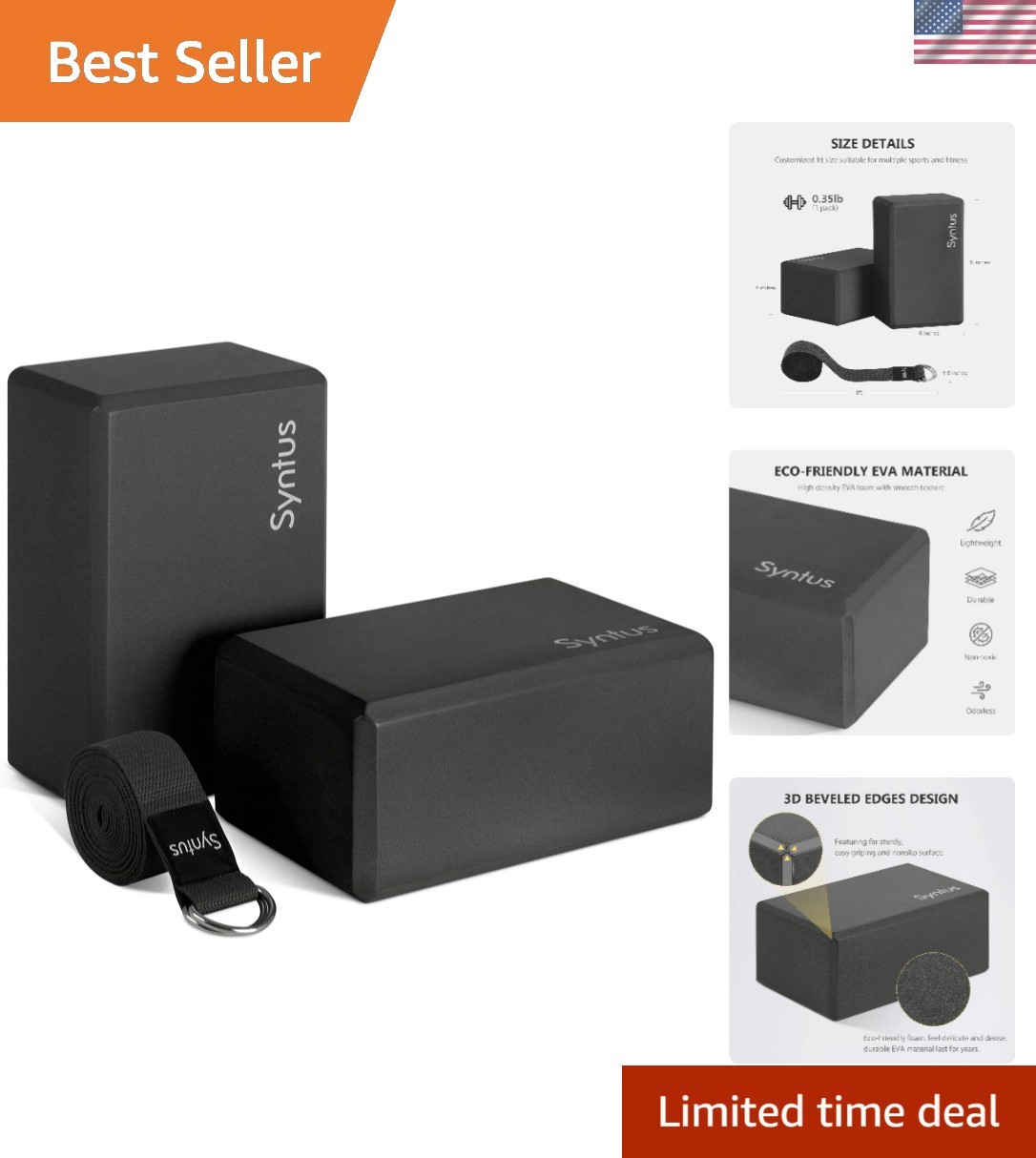 Ultimate Yoga Set: 2 Black Non-Slip Blocks & 8FT Strap for Enhanced Stretching
