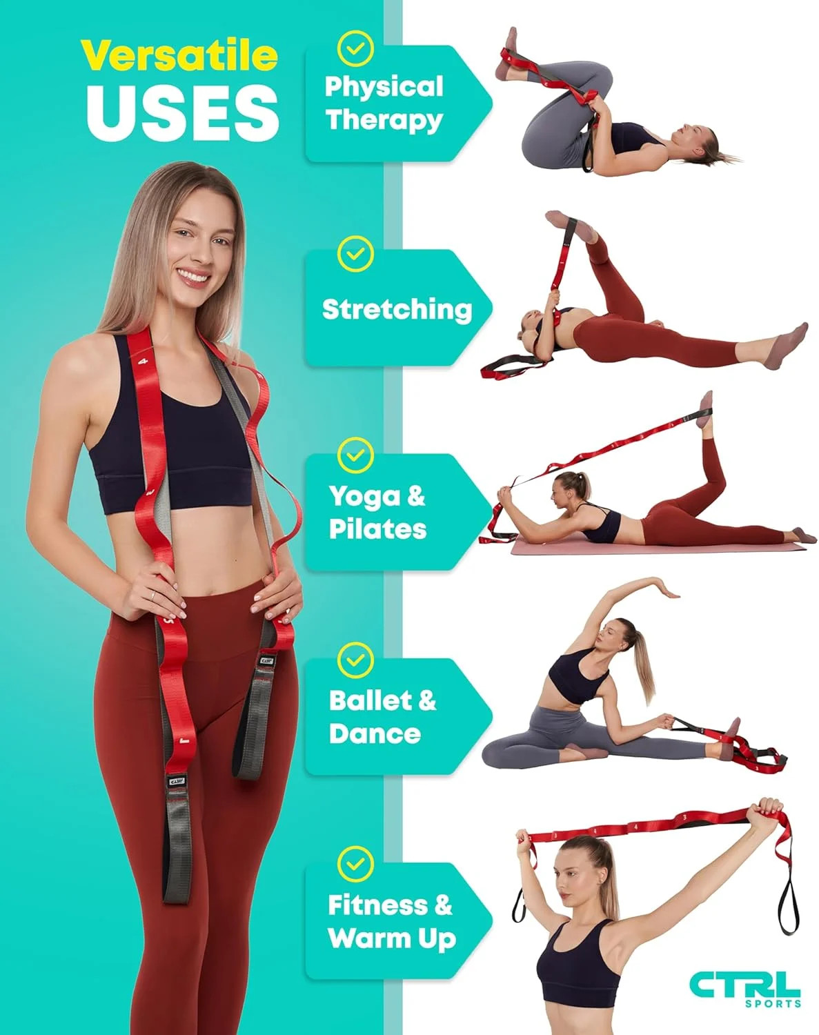 Stretching Strap with Loops – Non Elastic Stretch Band for Physical Therapy, Yog