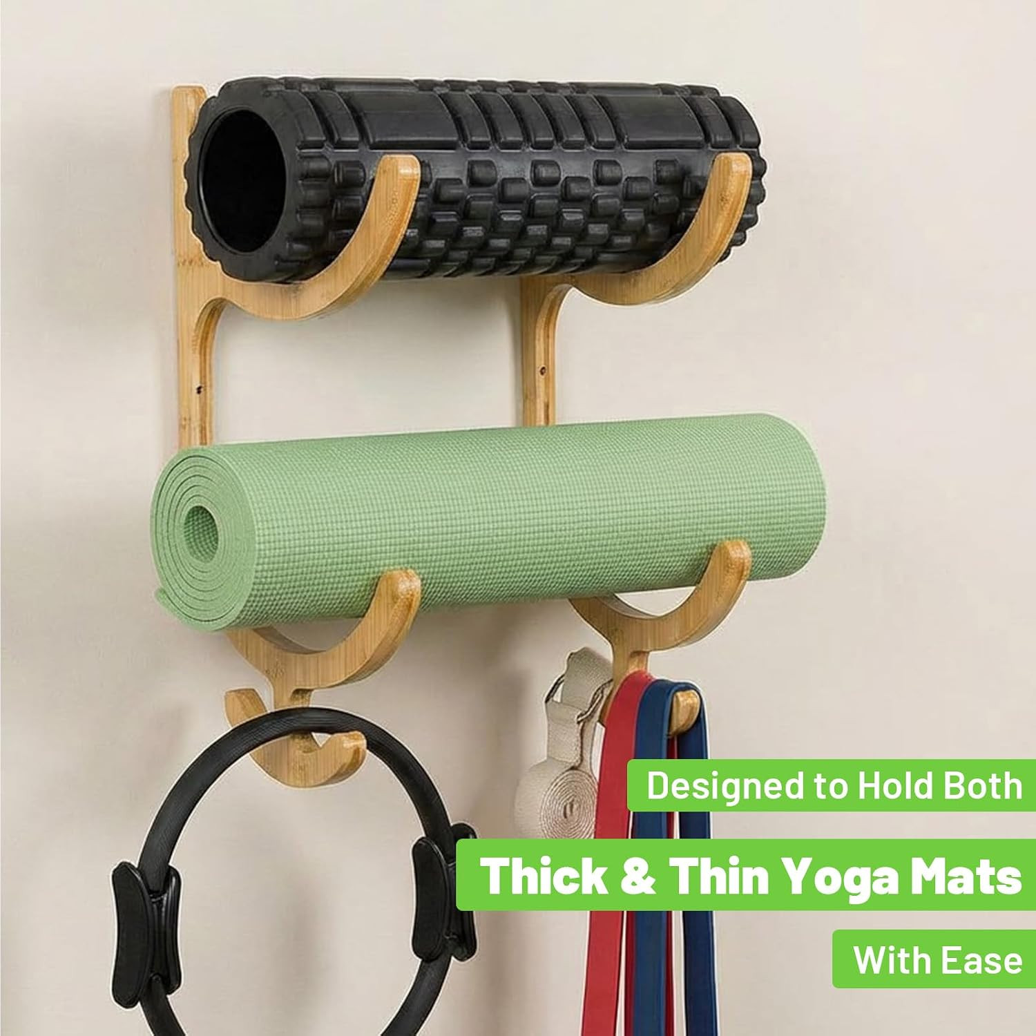 Wooden Yoga Mat Storage Rack Wall Mount, Yoga Mat Holder Hanging Hooks for Ho…