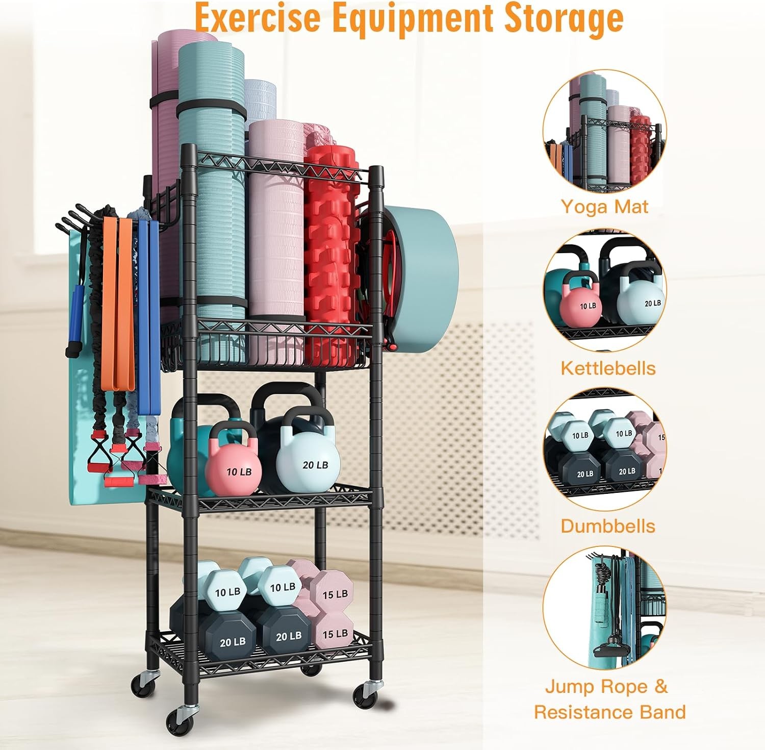 Home Gym Storage 3 Tiers Workout Equipment Organizer W/ Wheels Yoga Mats Foam