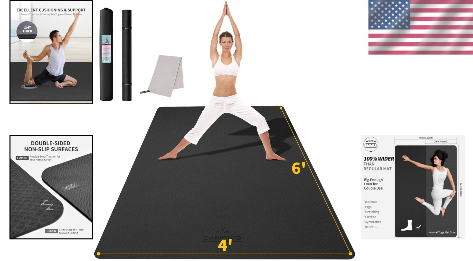 Extra Large 6&rsquo;x4&prime; Thick Black Yoga Mat – Perfect for Home & Outdoor Workouts