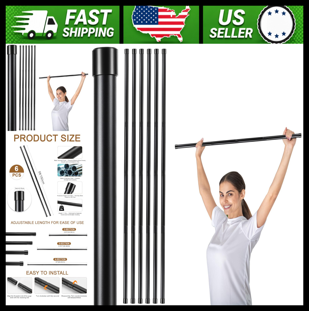 Yoga Stretching Stick Set 5ft Adjustable Black Non-Slip Ends