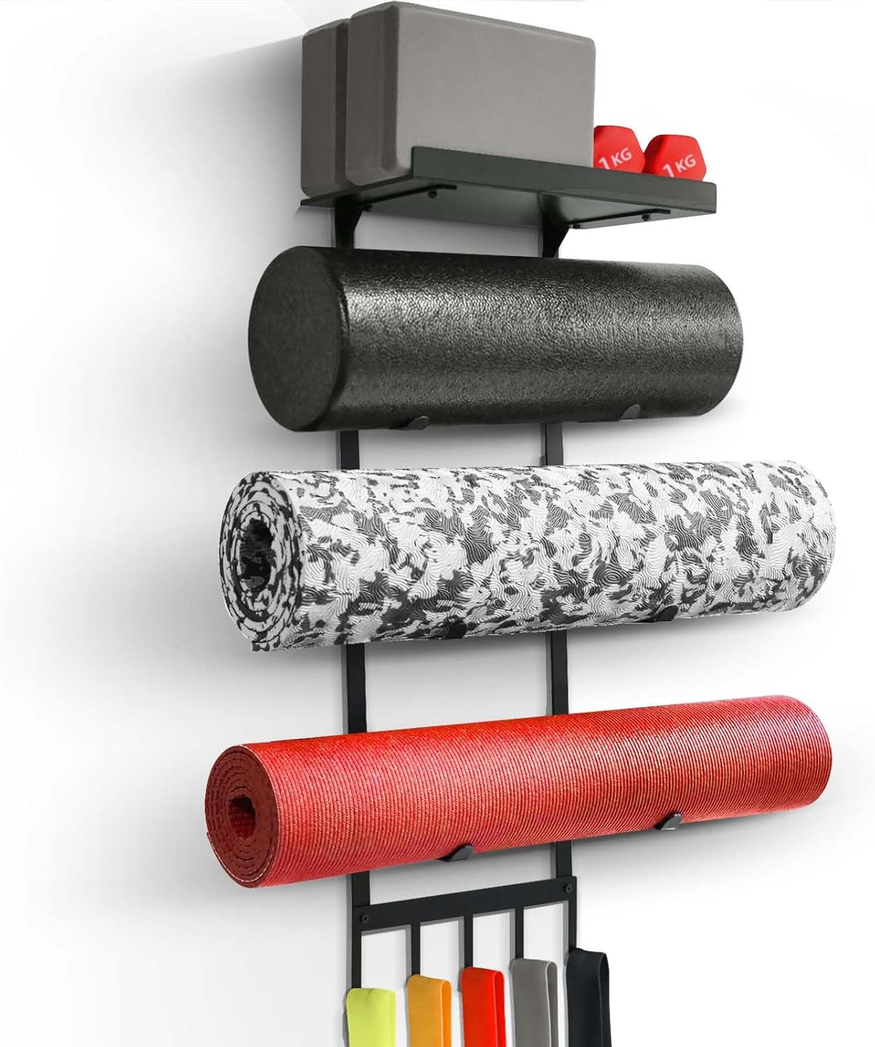 Wall-Mounted Yoga Mat Holder with Floating Shelf and Storage Hooks