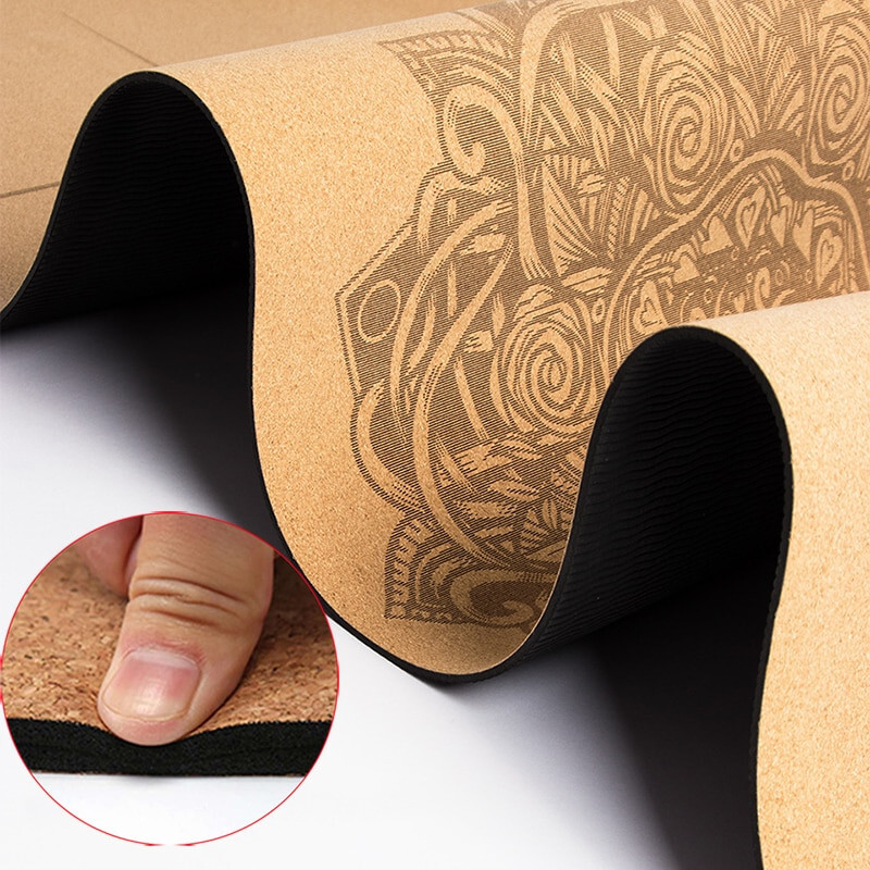 Yoga mat cork with print natural non slip sweat absorbent 173x58cm 4mm