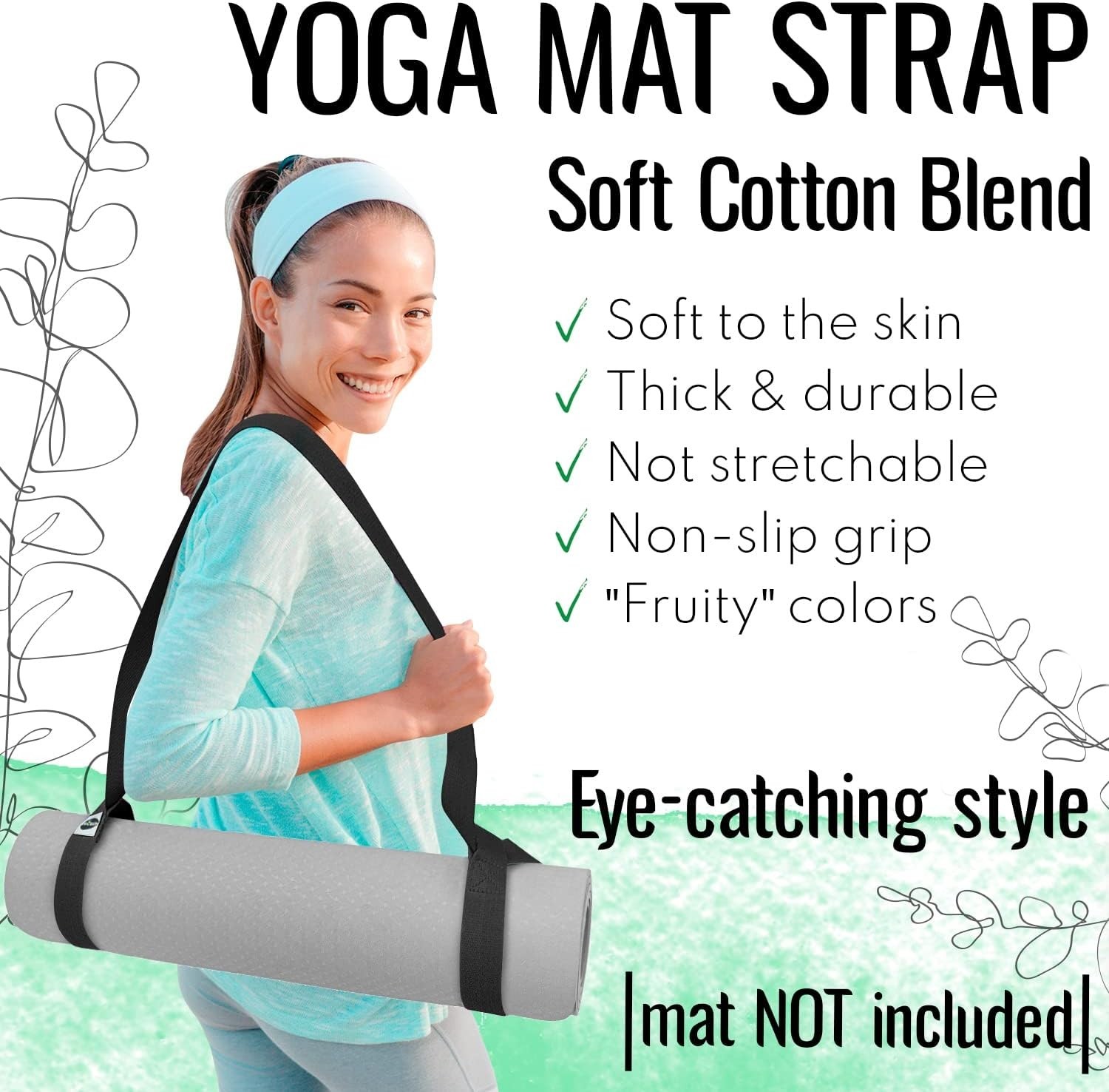 Adjustable 64” Yoga Mat Carrier Sling – Eco-Friendly Cotton Blend in Black