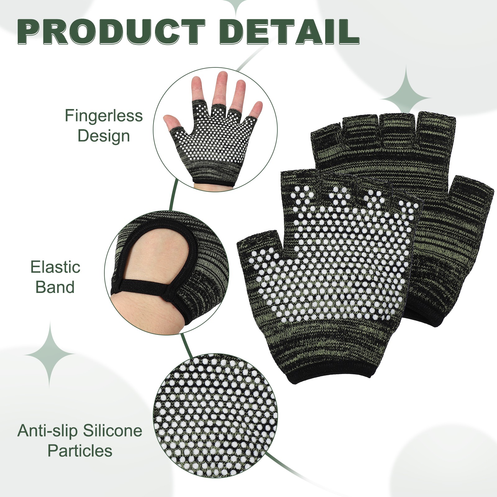 3Pairs Yoga Gloves, Non Slip Fingerless Pilates Gloves, Black Grey/Green/Cyan