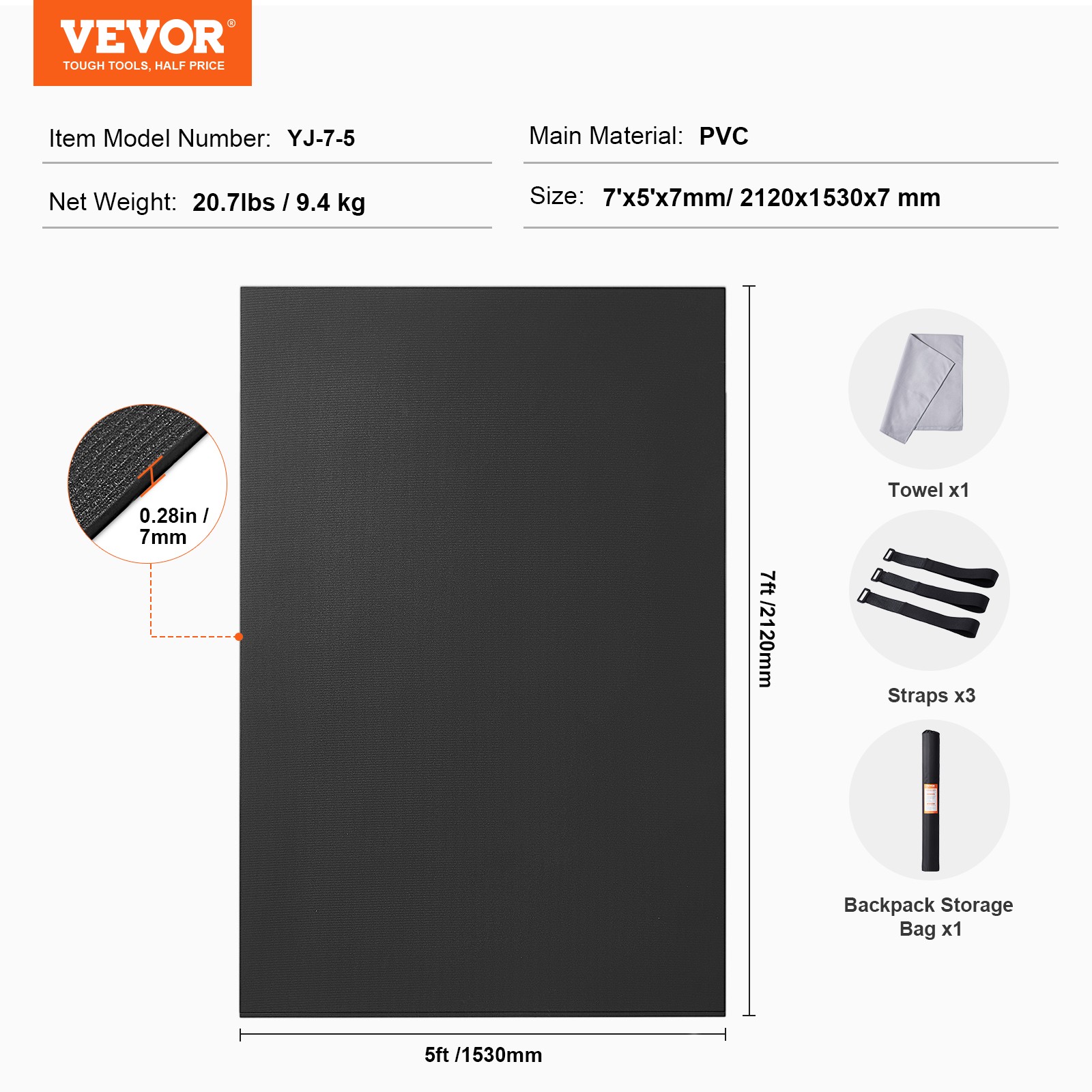 VEVOR Exercise Mat Non Slip Yoga Mat Gym Fitness Pilate Workout Mat (7x5ft)