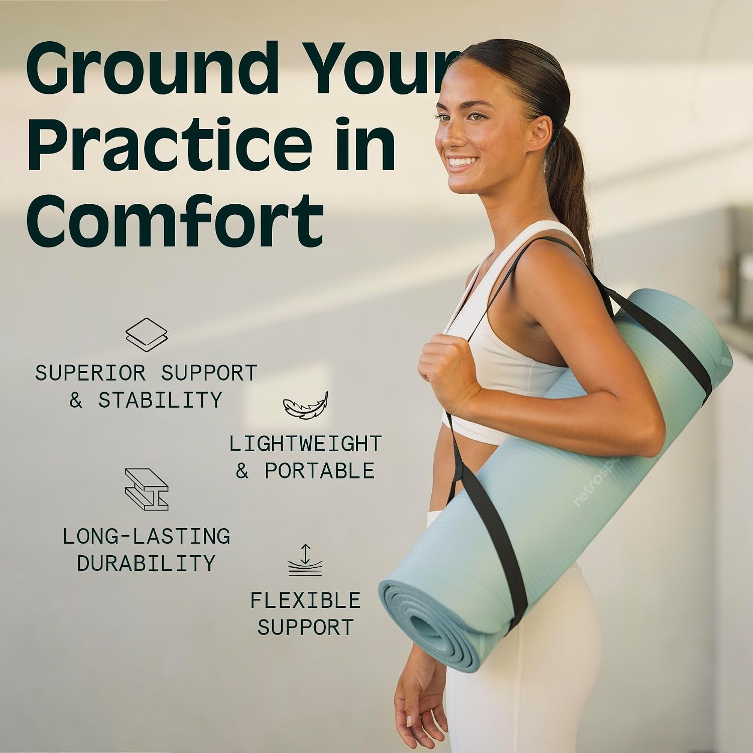 Solana Yoga Mat Thick 1/2in Non-Slip Workout Mat W/ Nylon Strap 72x24in Exercise