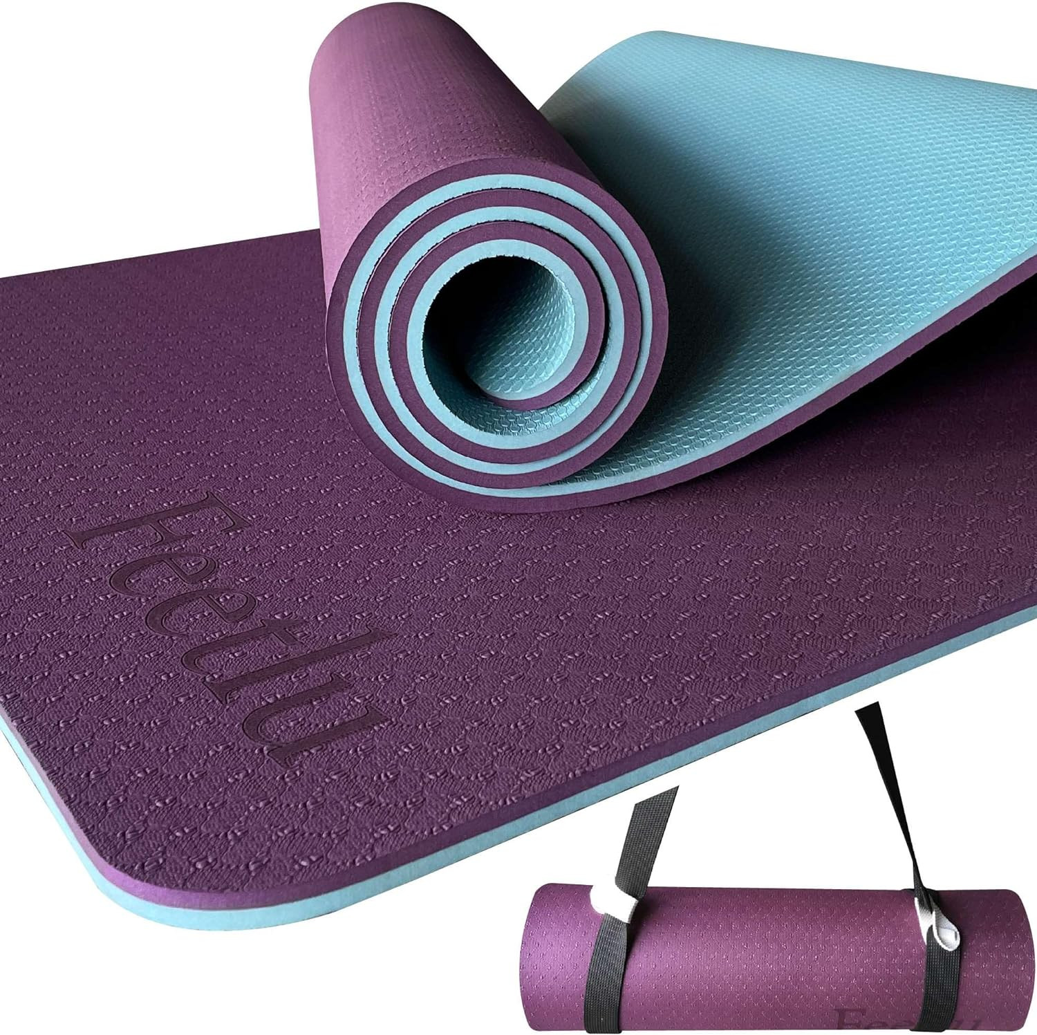 Yoga Mat with Strap – 10Mm Thick Yoga Mat, Non-Skid Dual Surface Workout Mat, Ec