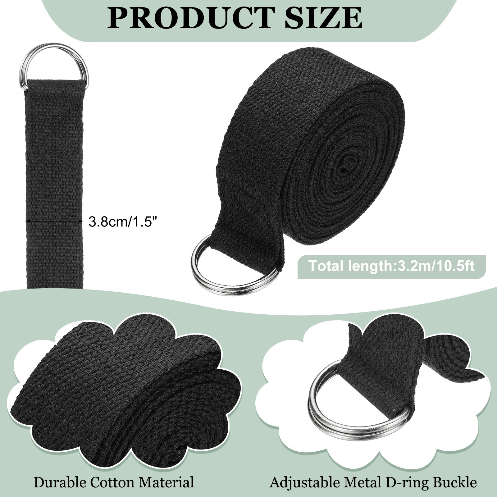 Yoga Strap with Adjustable Metal D Ring Buckle, 10.5ft & Black