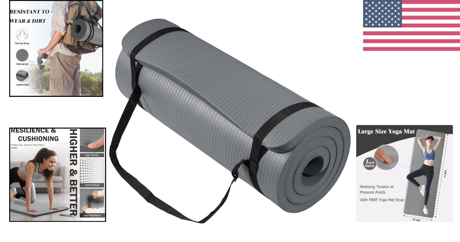 1-Inch High-Density Yoga Mat 71×24&Prime; – Non-Slip & Portable Roll-Up Design