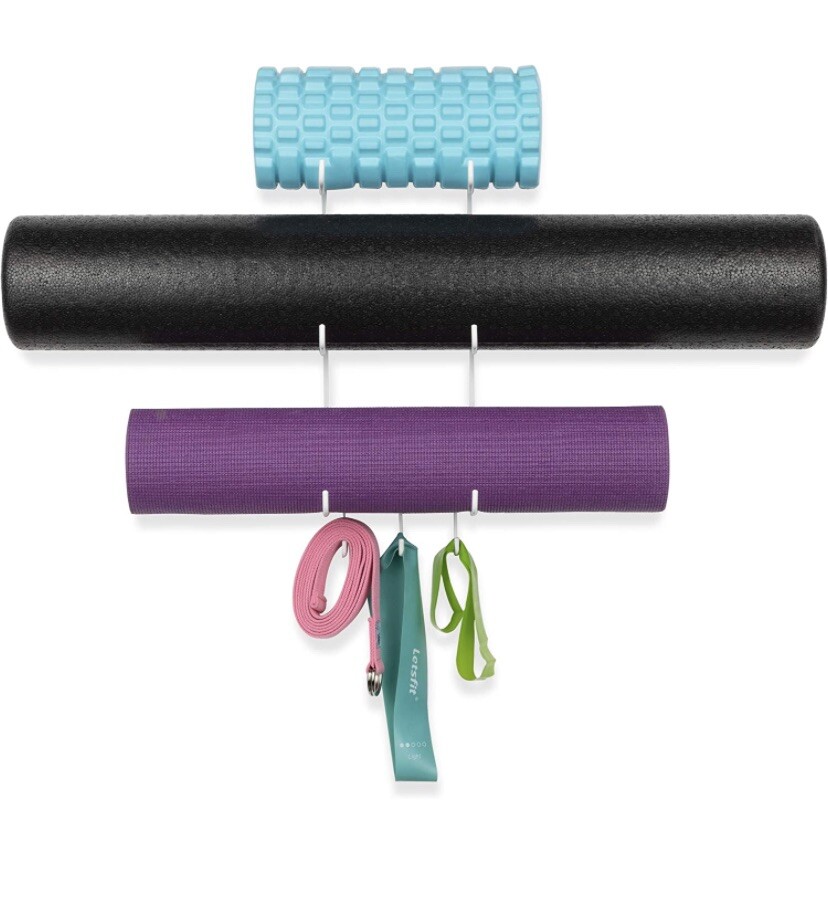 Guru Wall Mount Yoga Mat Foam Roller and Towel Rack with 3 Hooks for White